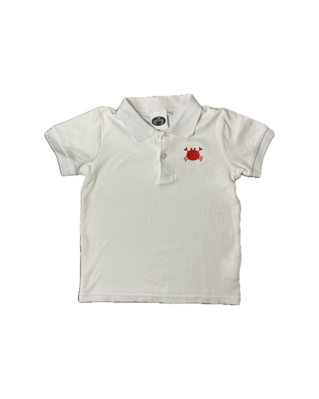 White children's polo shirt with red crab embroidery on chest, short sleeves, classic collar