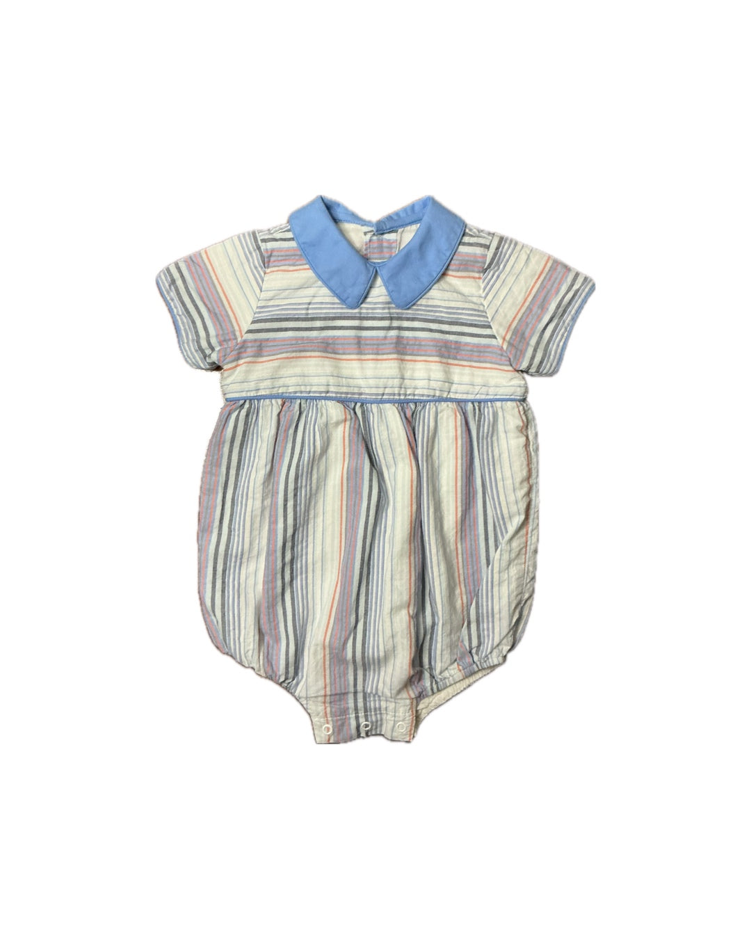 Striped short sleeve baby romper with blue collar, classic children's clothing