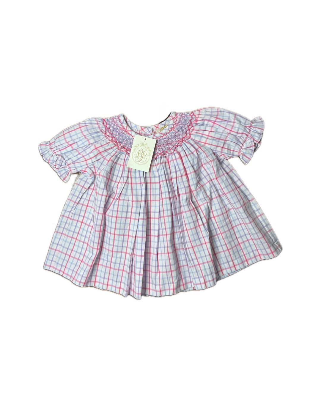 Pink and blue plaid smocked toddler dress with flutter sleeves and tag, classic children's clothing