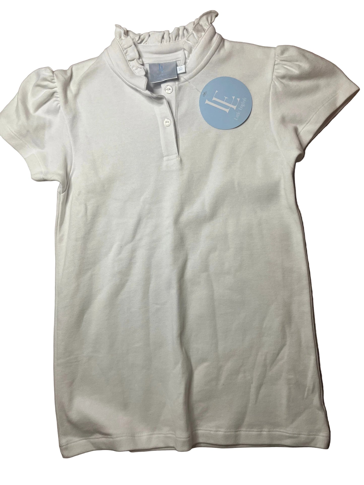 White short sleeve girls ruffle collar polo dress with buttons and blue tag, laid flat