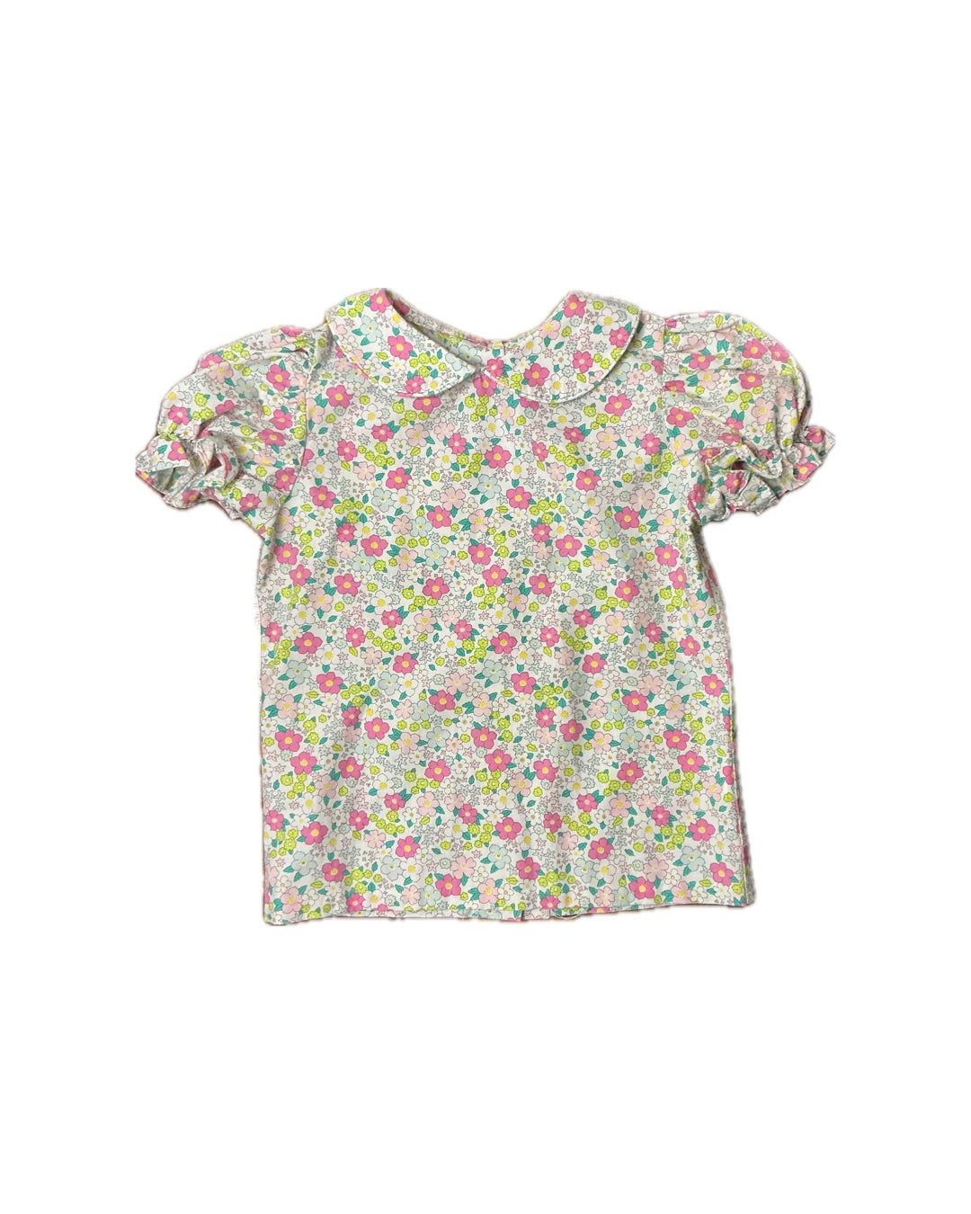 Girls' floral puff sleeve top with Peter Pan collar, pink and green pattern, classic style