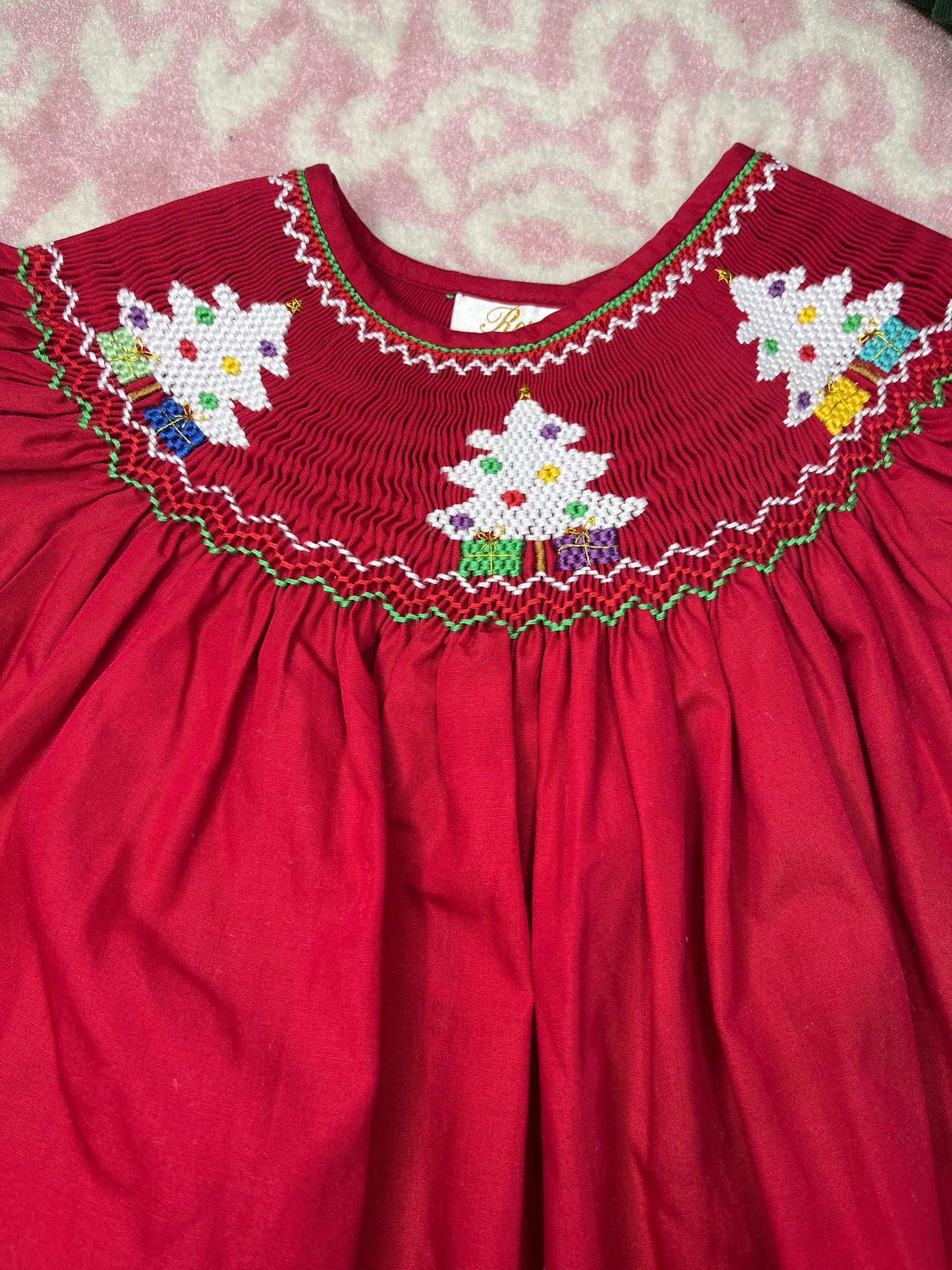 Sz 2T Rosalina Smocked Christmas Tree Crimson Dress