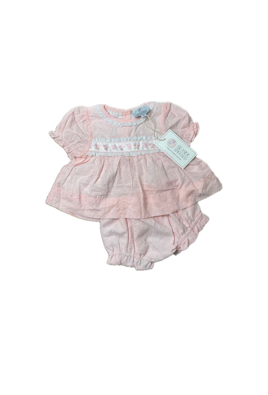3M Seaside Smocked Swiss Dot Bonnet/ Carriage Bloomer Set