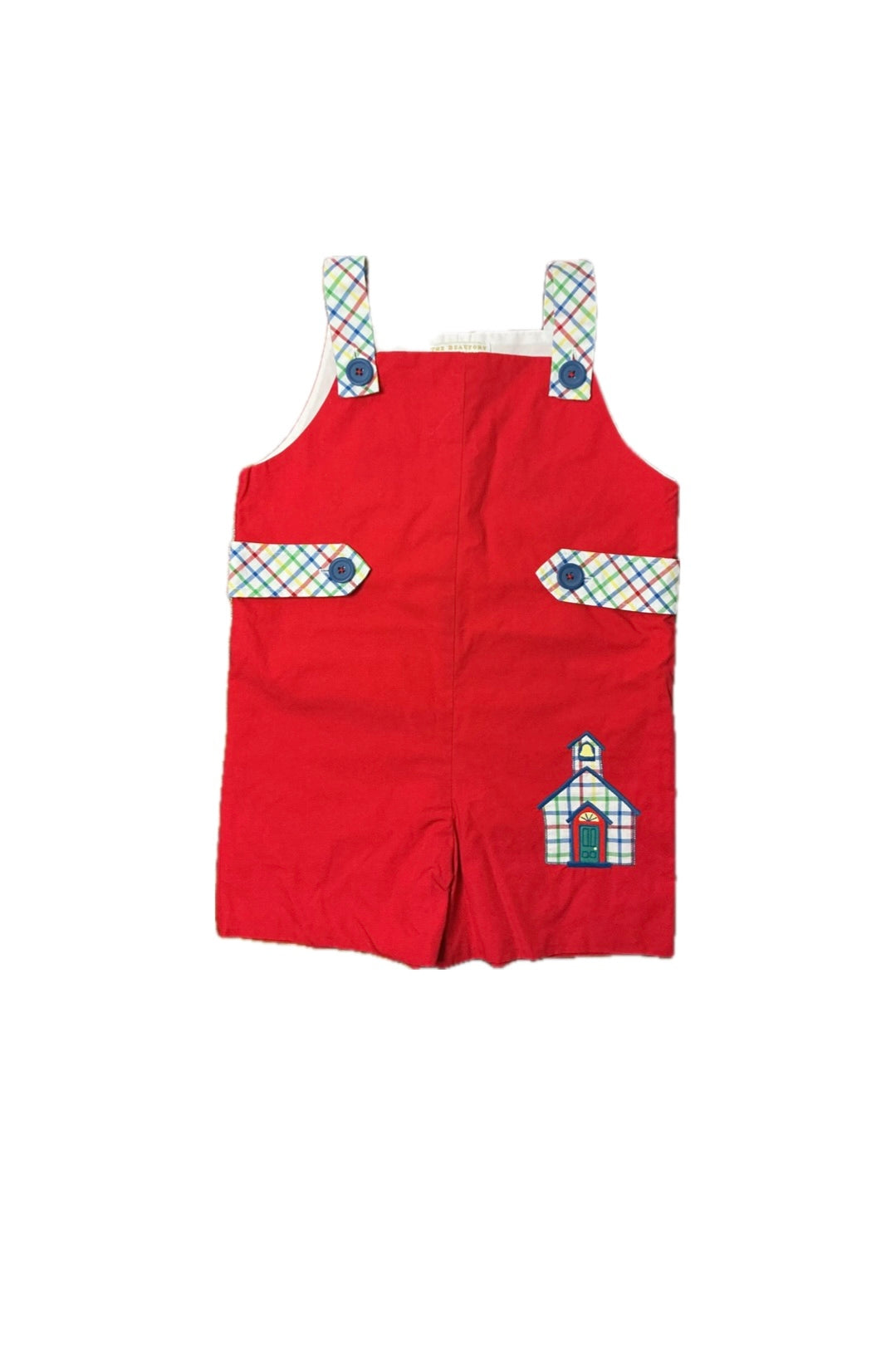 3T TBBC Teddy's Tab Jon Jon in Richmond Red with Kindness Wins Windowpane & School House Applique