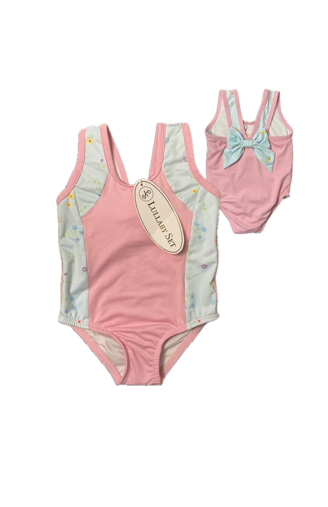 2T Lullaby Set Pink and Floral Swimsuit with Bow