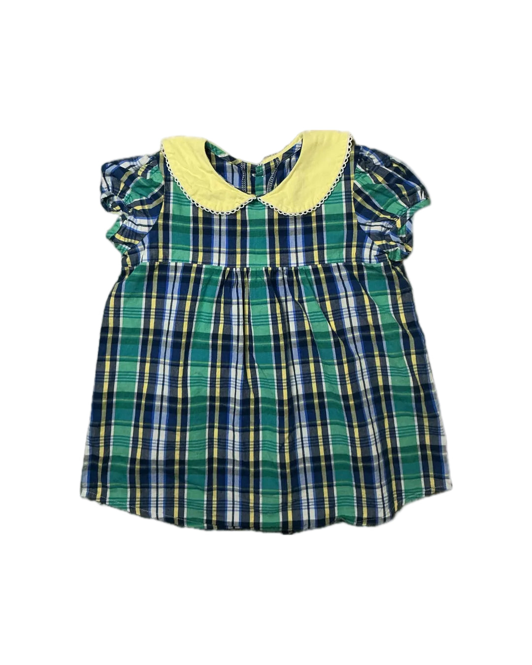 Green and blue plaid dress with yellow trim on a white background