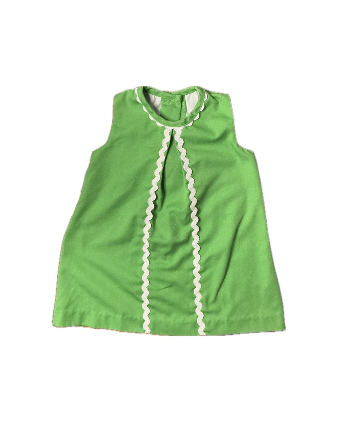 Green sleeveless toddler dress with white rickrack trim, classic children's clothing