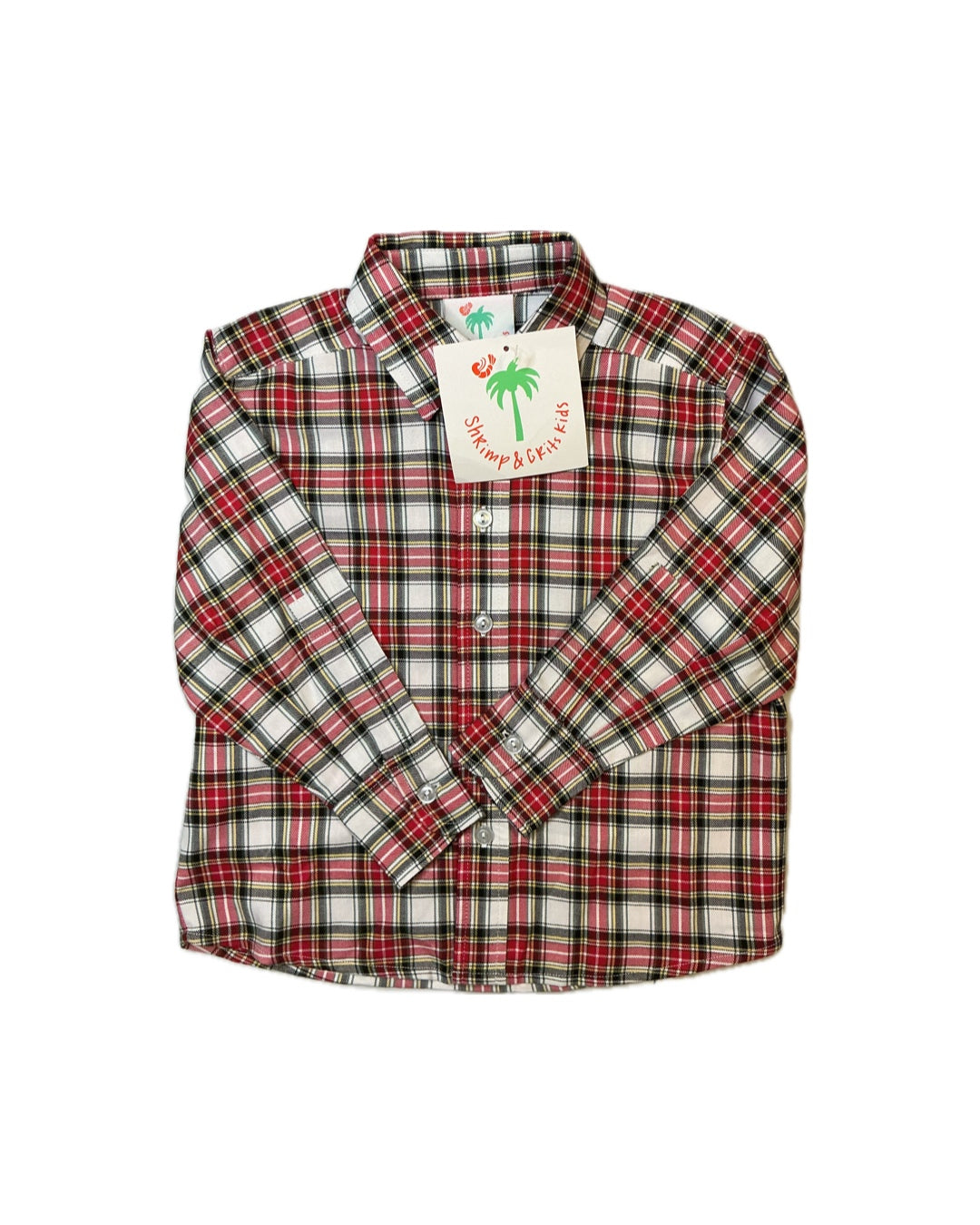 Red and white plaid long sleeve boys button-down shirt with Shrimp & Grits Kids tag