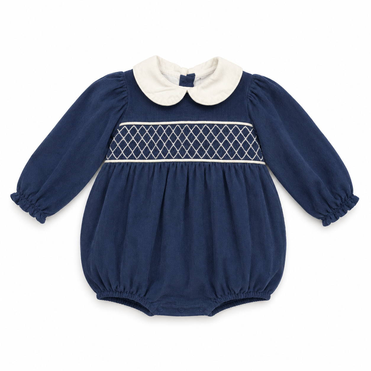 18M Navy Cord LS Smocked Bubble