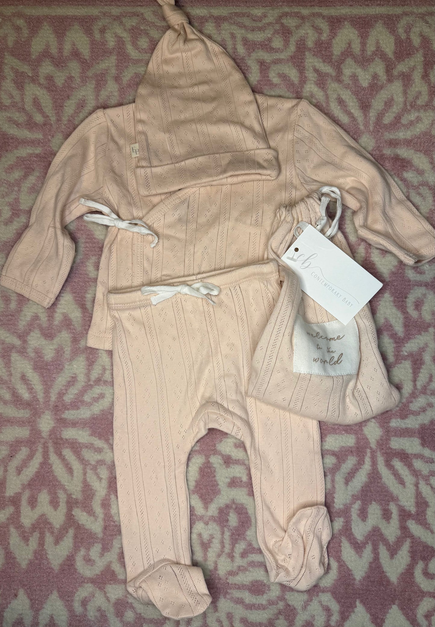 NB Elegant Baby Baby Pink Knit Pant Set w/ Matching Hat