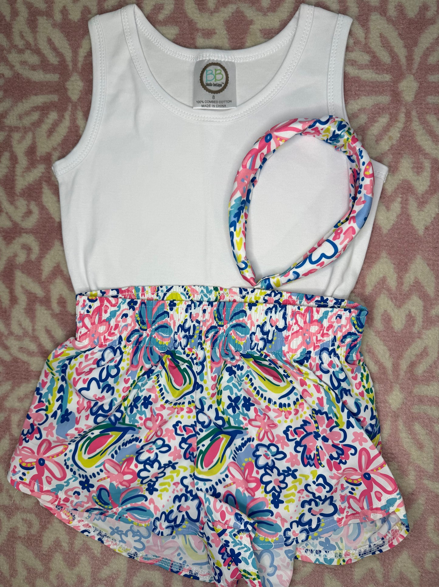 Sz 8 Azarhia Neon Flowers Short Set + Headband
