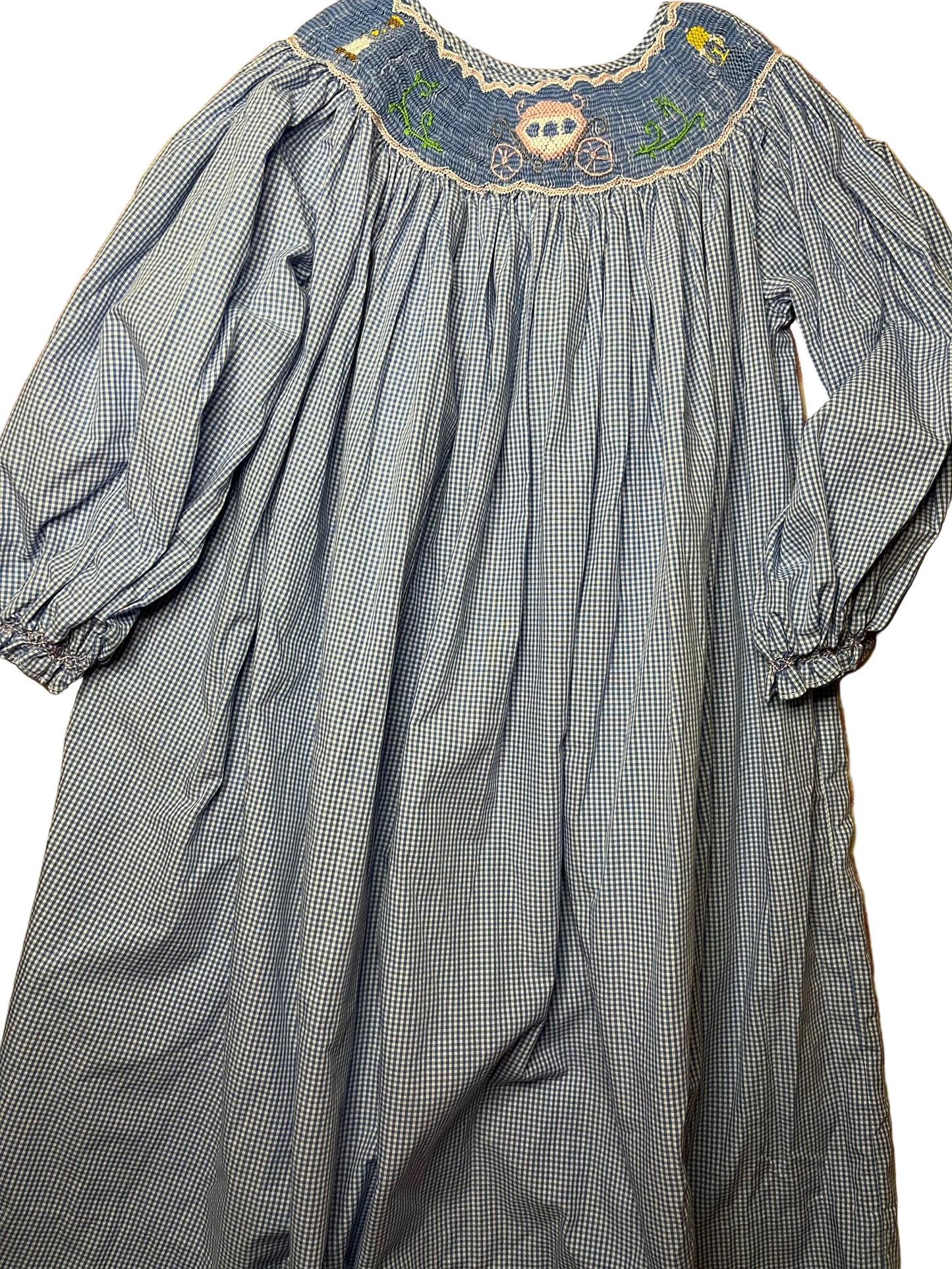 Blue gingham long sleeve smocked dress with embroidered pumpkin carriage on yoke, children's clothing