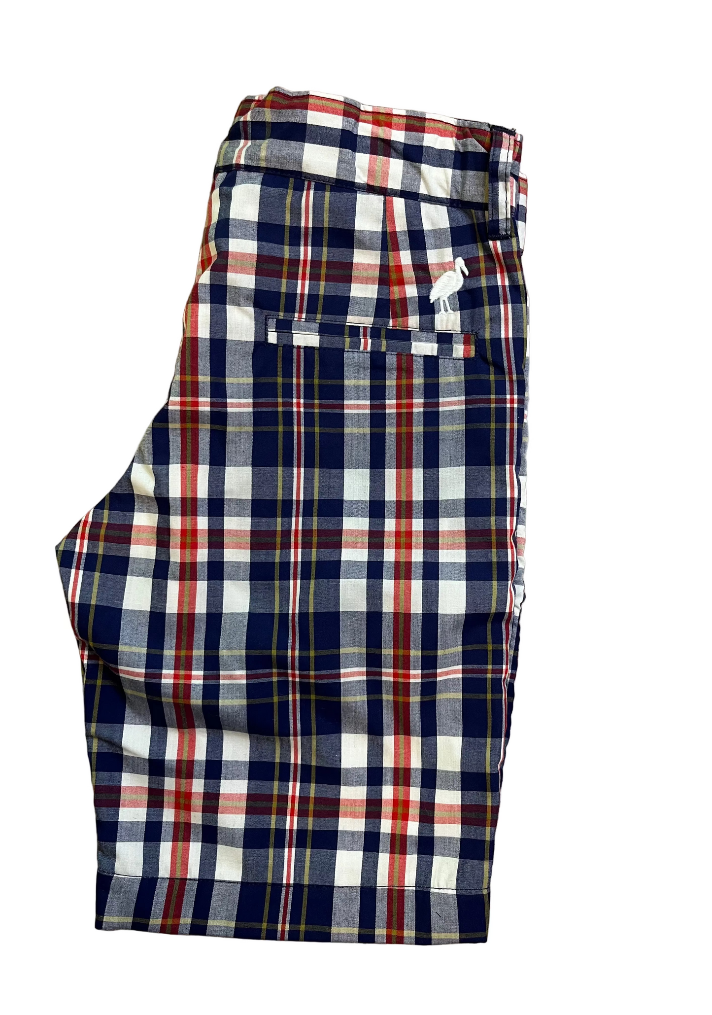 Boys' plaid shorts in blue, red, and white with embroidered pelican, laid flat on white background