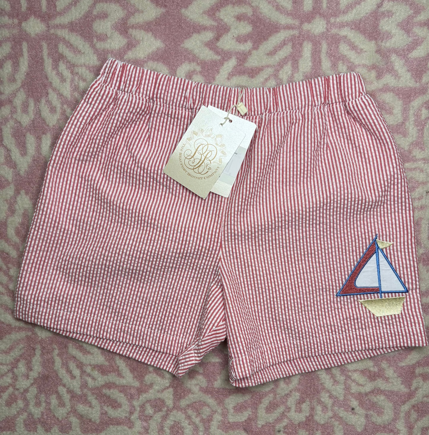 6 TBBC Shelton Shorts in Red Seersucker with Sailboat Appliqué
