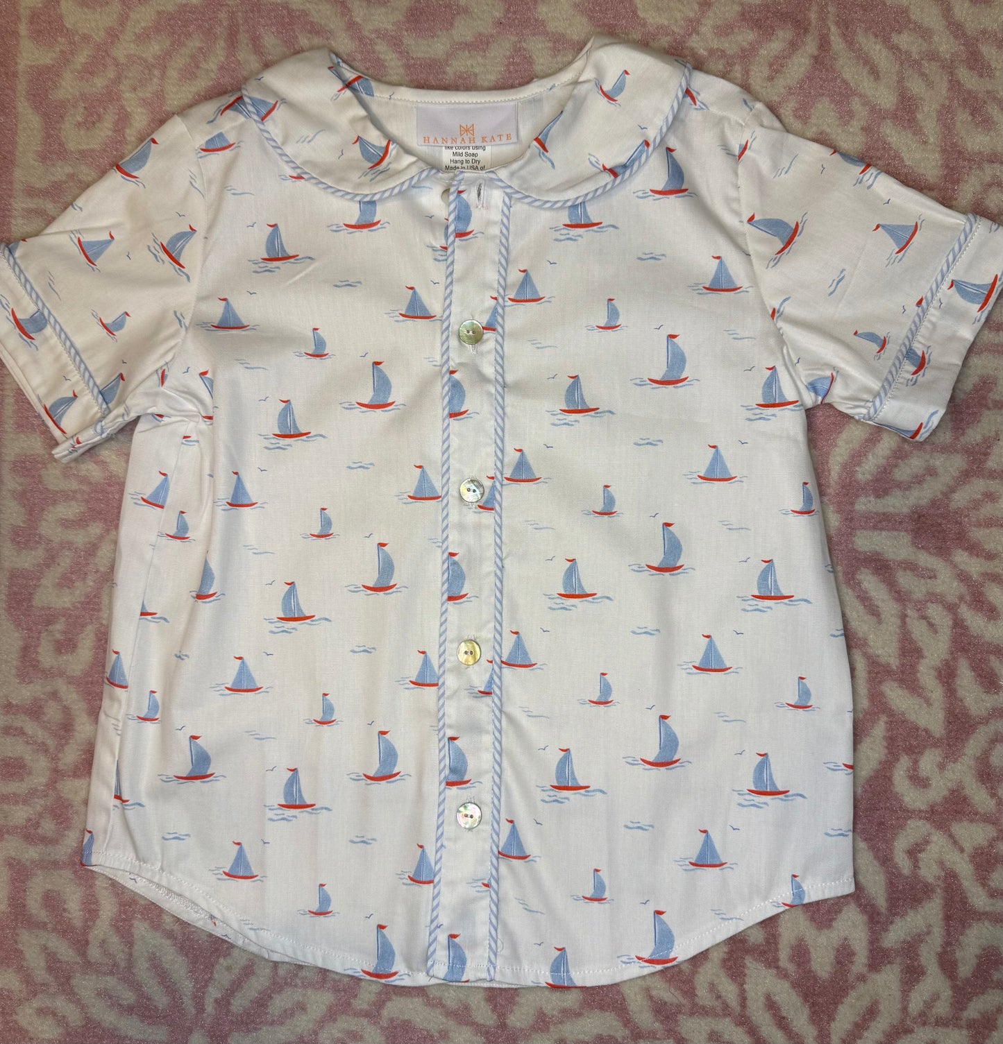 Sz 6 Hannah Kate Sailboat Short Sleeve Peter Pan Collar Button Down