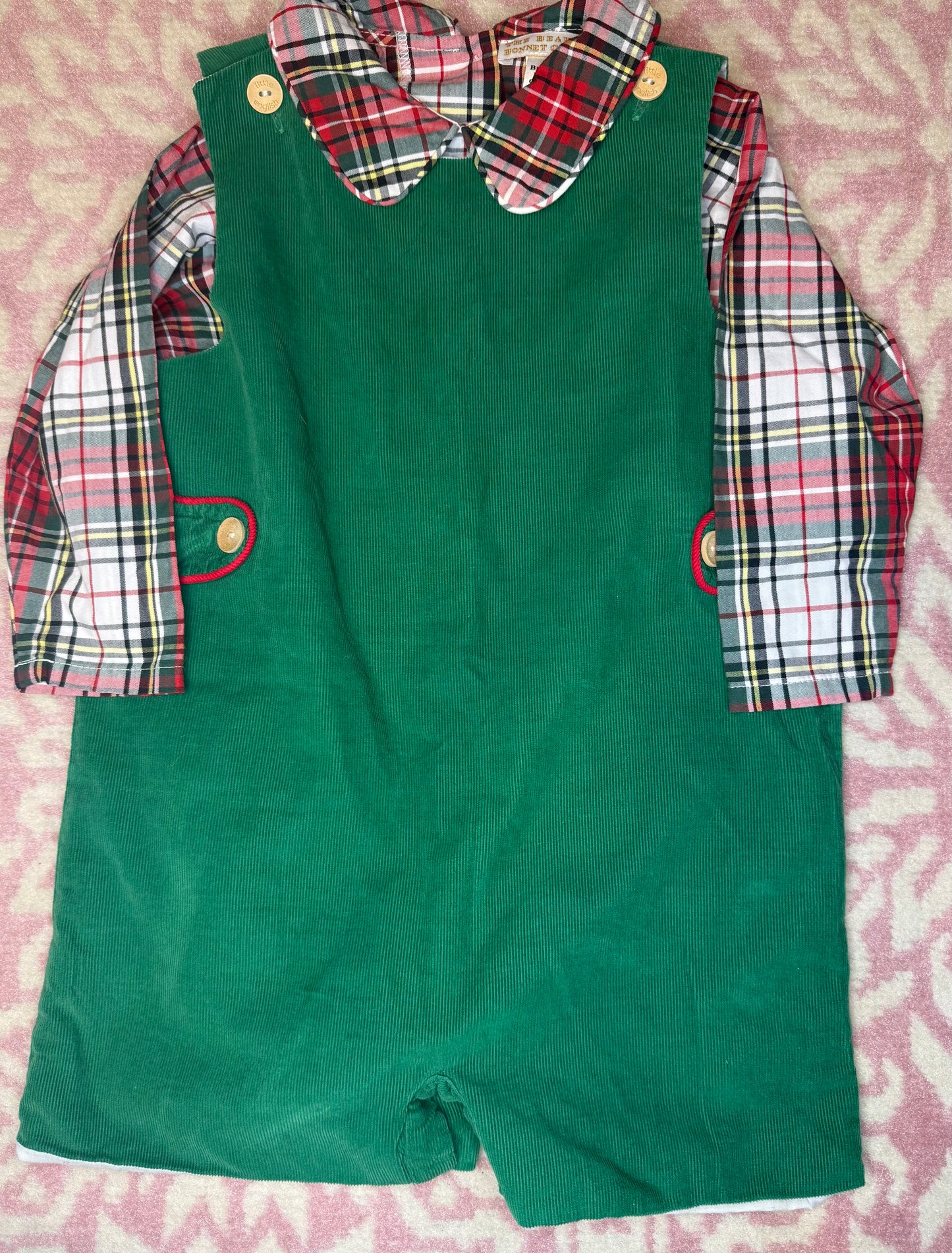 2T TBBC Peter Pan Collar Bubble in Keene Place Plaid + Little English Green Cord Jon Jon Set