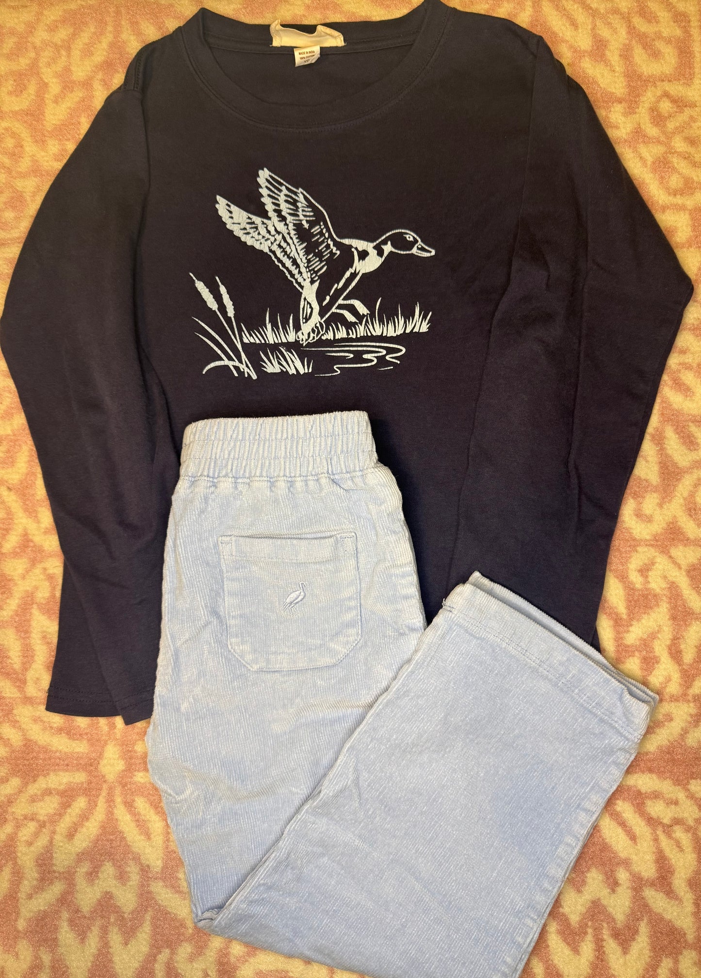 YS sz 5/6 Hannah Kate Duck LS Shirt + TBBC Barbados Blue Cord Pant Set