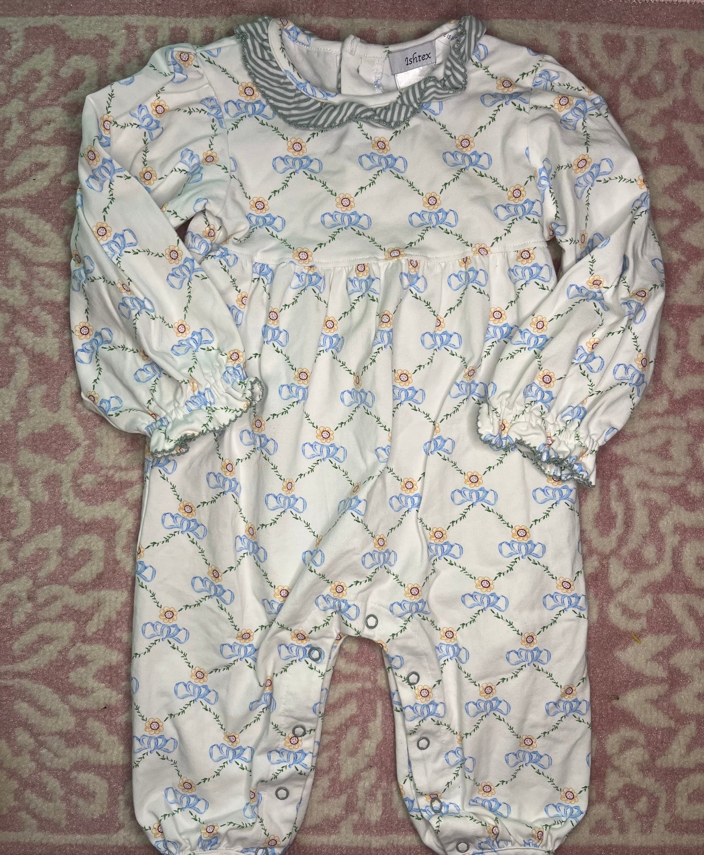 18M Ishtex LS Ruffle Collar Romper with Scallop Sleeves and Floral Buttons