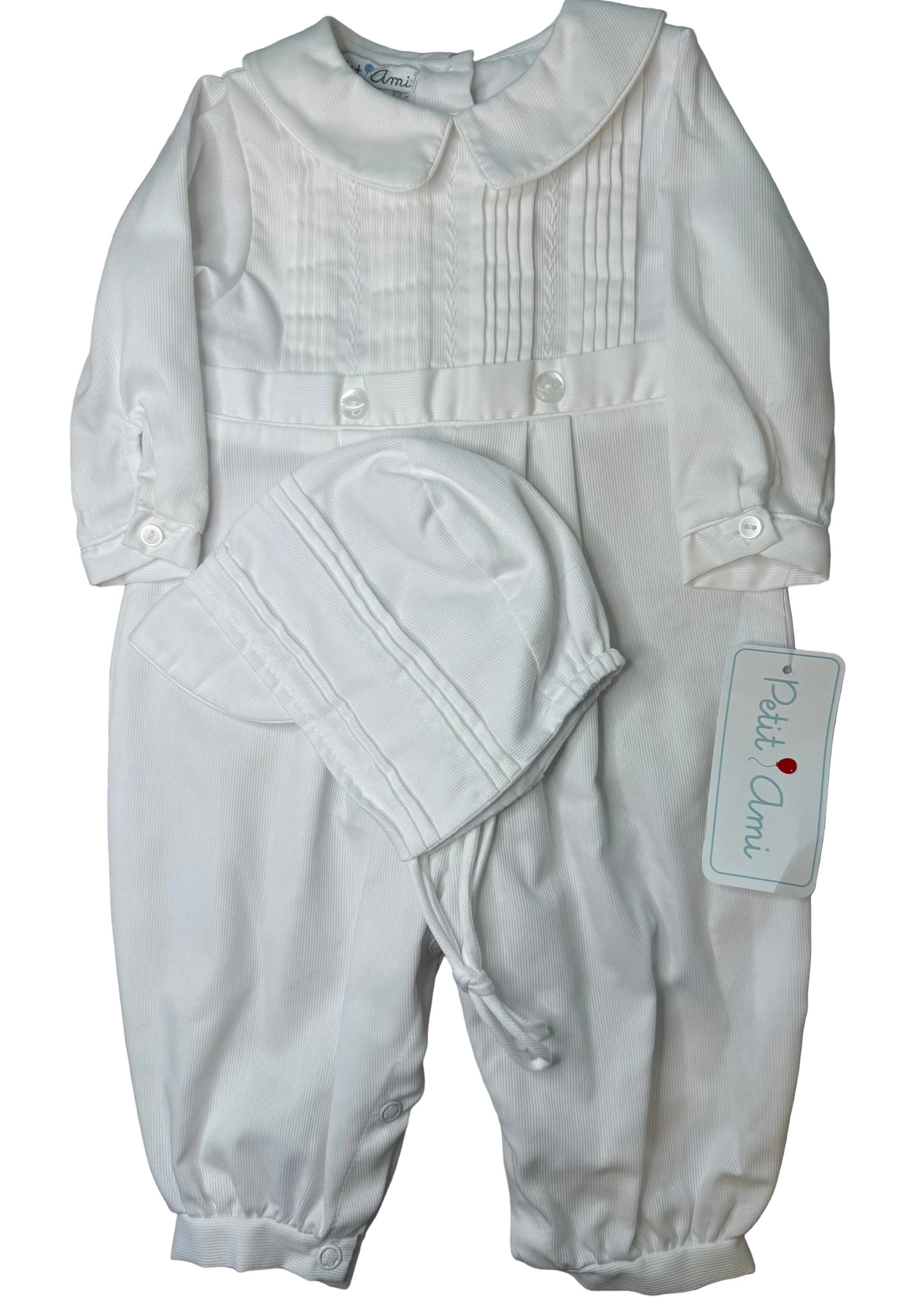 White long-sleeve baby romper with pintuck details and matching bonnet, classic childrens clothing