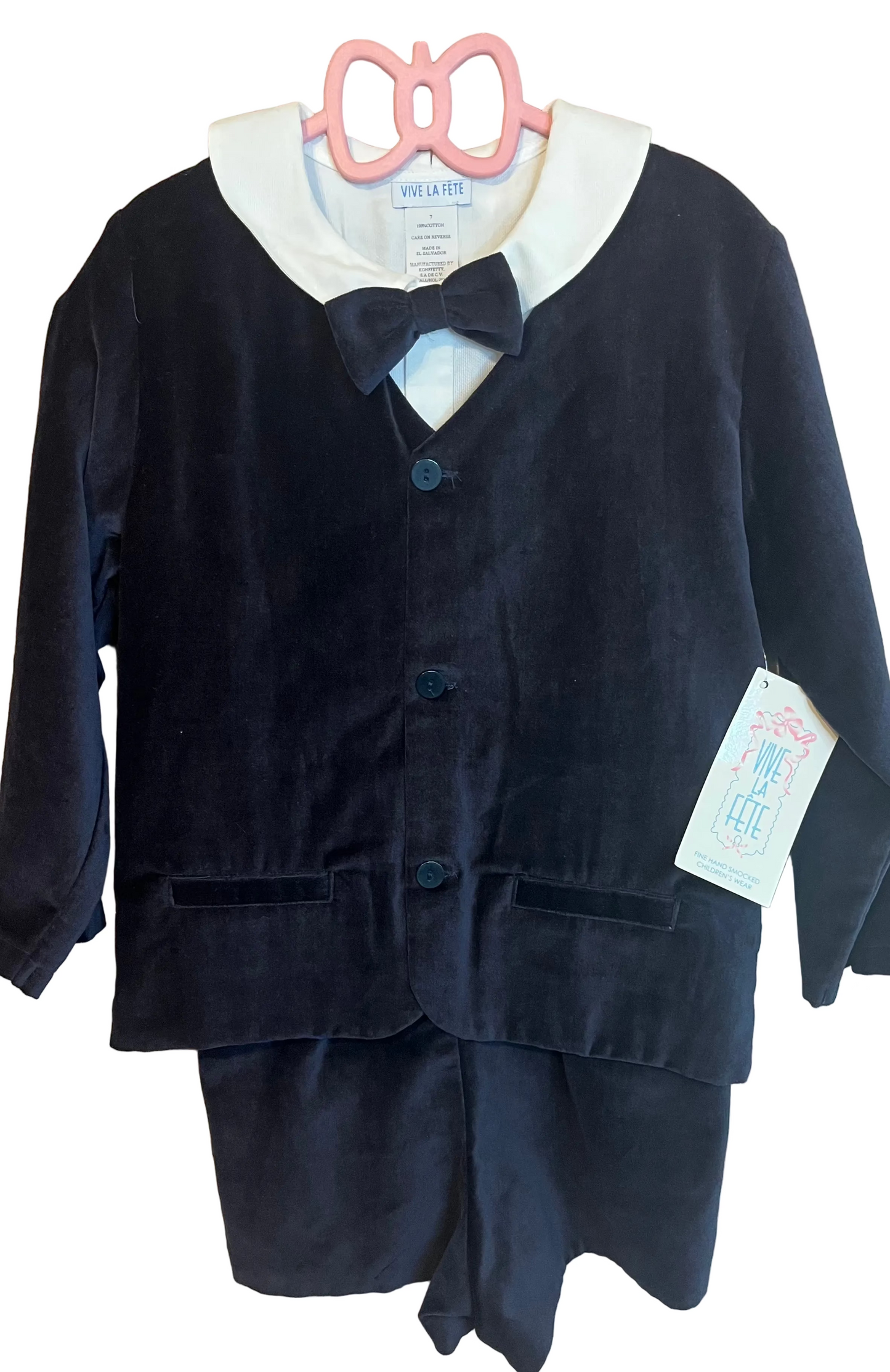 Navy velvet boys' suit set with white collar and matching bow tie, classic children's clothing