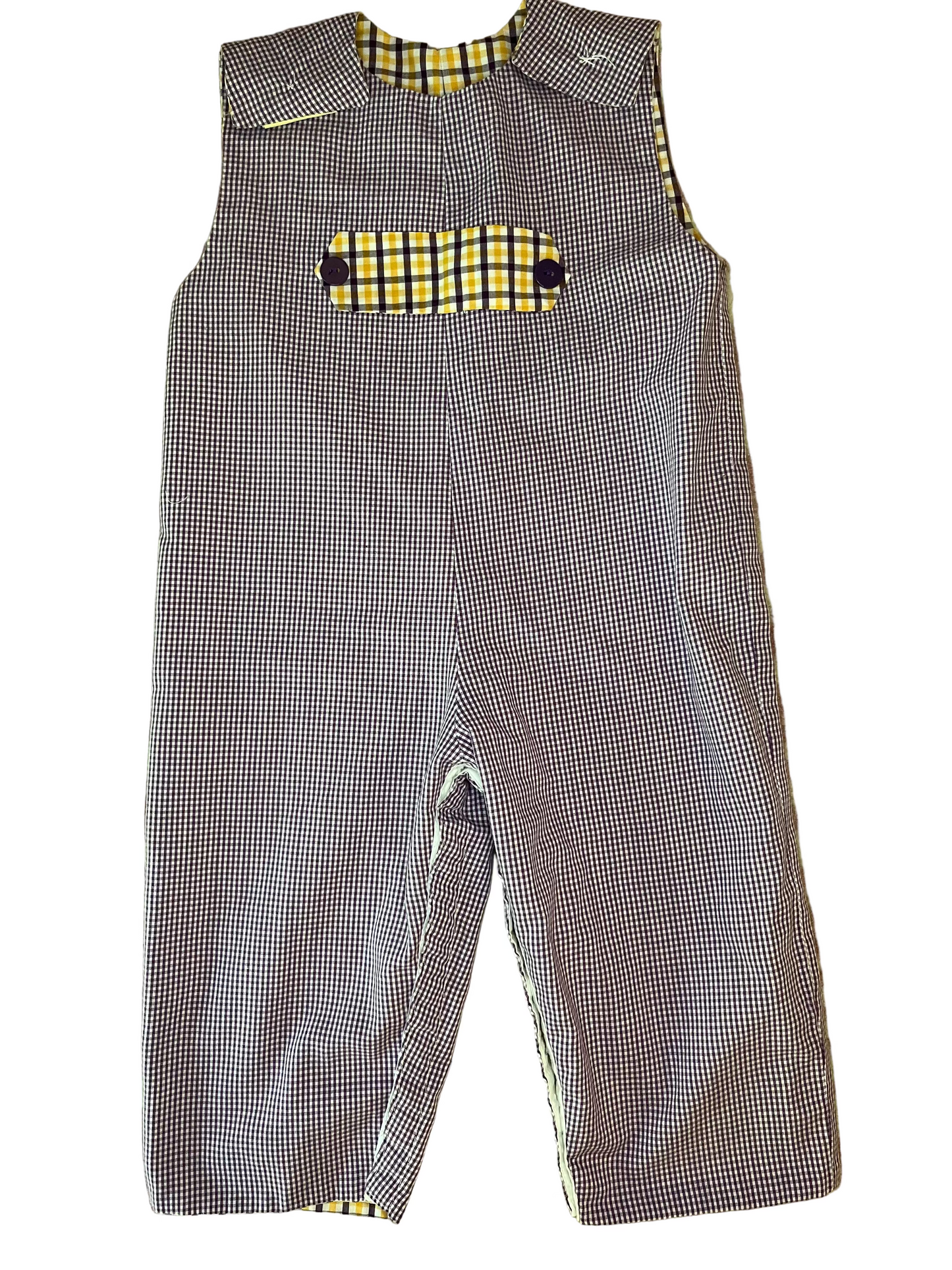 Classic children's gingham romper with yellow plaid chest detail and buttons, sleeveless design
