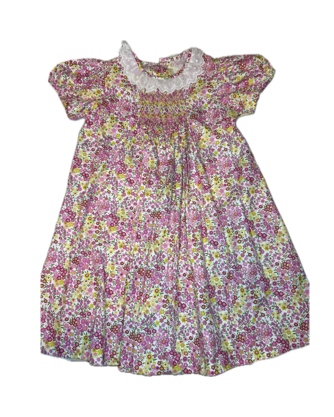 Girls’ pink floral smocked dress with lace collar and short puff sleeves