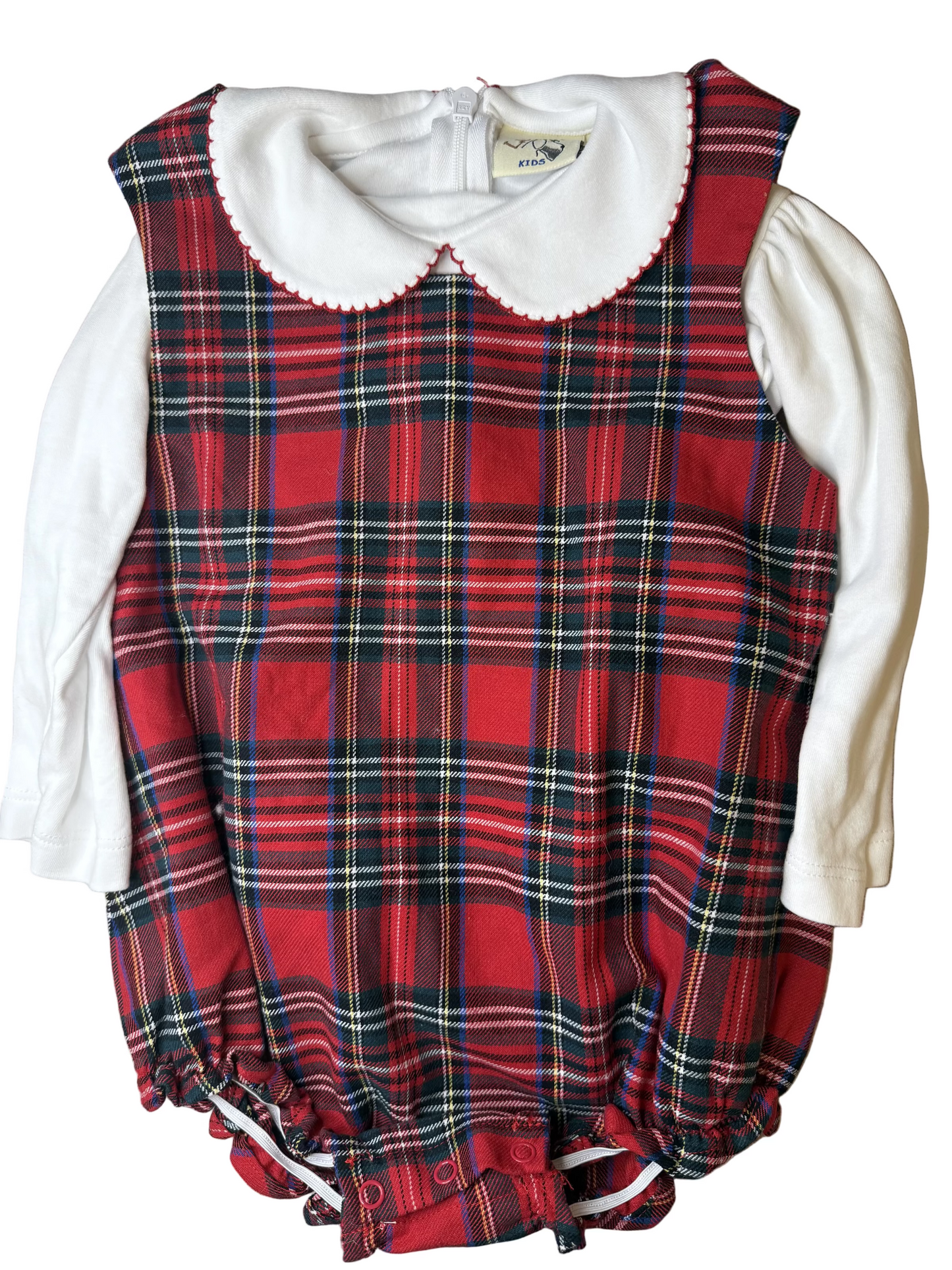 Red plaid baby romper with scalloped white collar and long sleeves, classic children's clothing