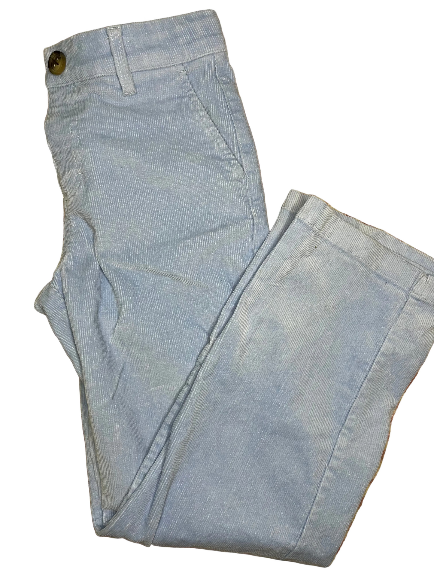 Light blue pinstripe children's pants with pockets and button waist on white background