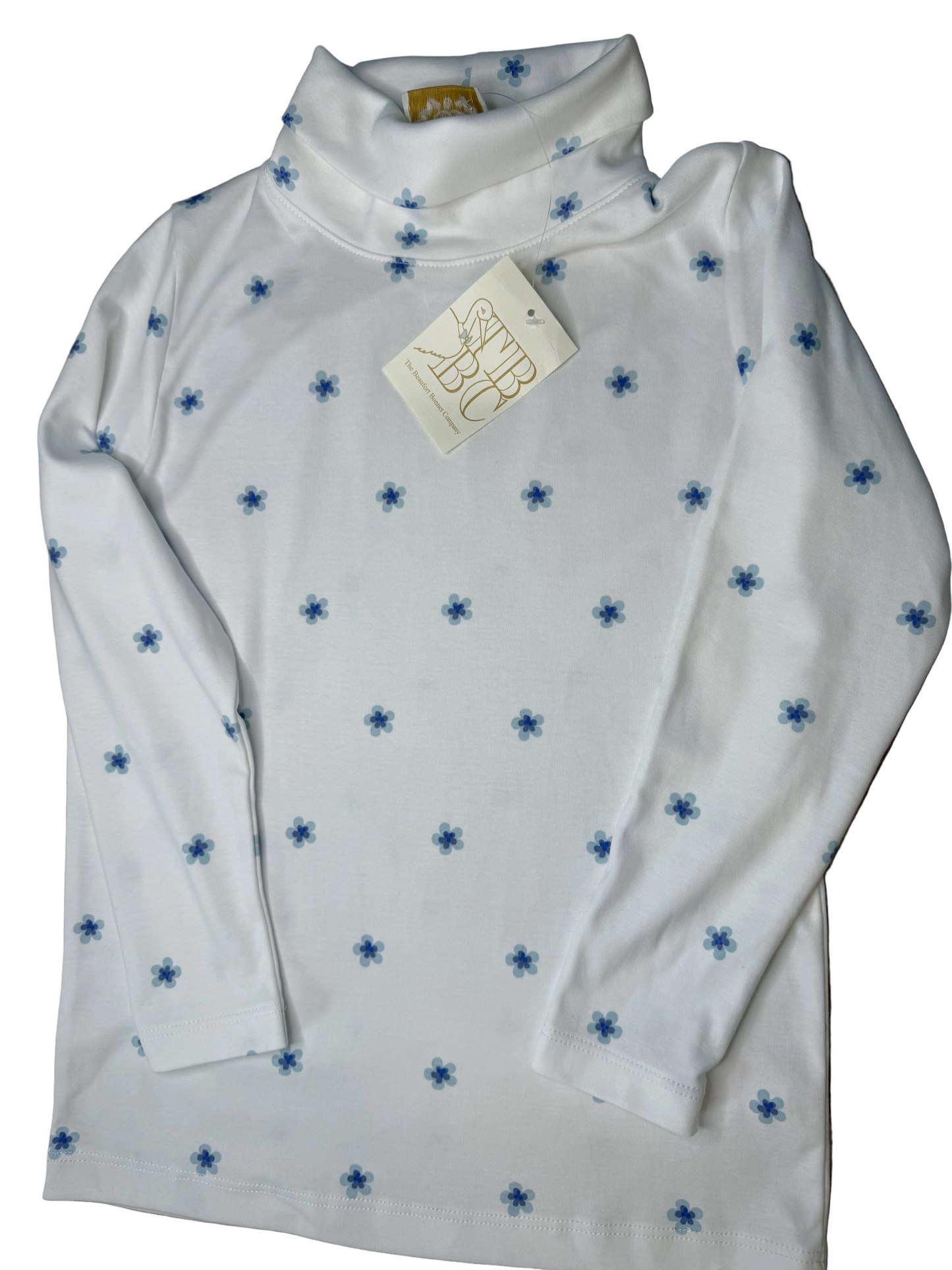 White children's turtleneck long sleeve shirt with blue floral print pattern