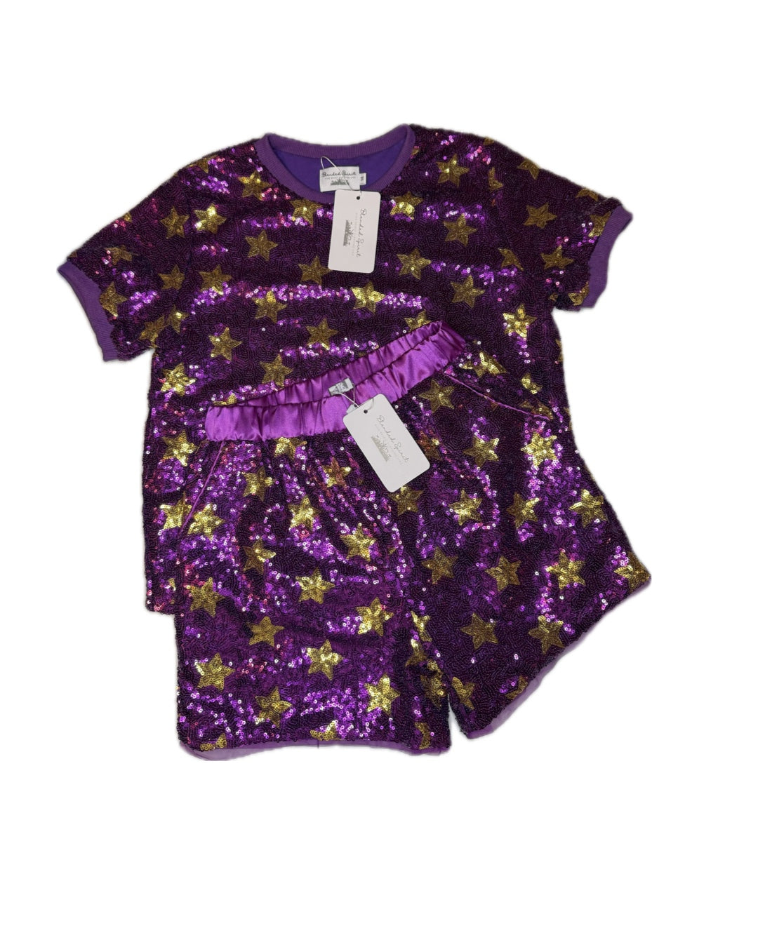 Purple sequin children’s shirt and shorts set with gold star pattern, tags attached