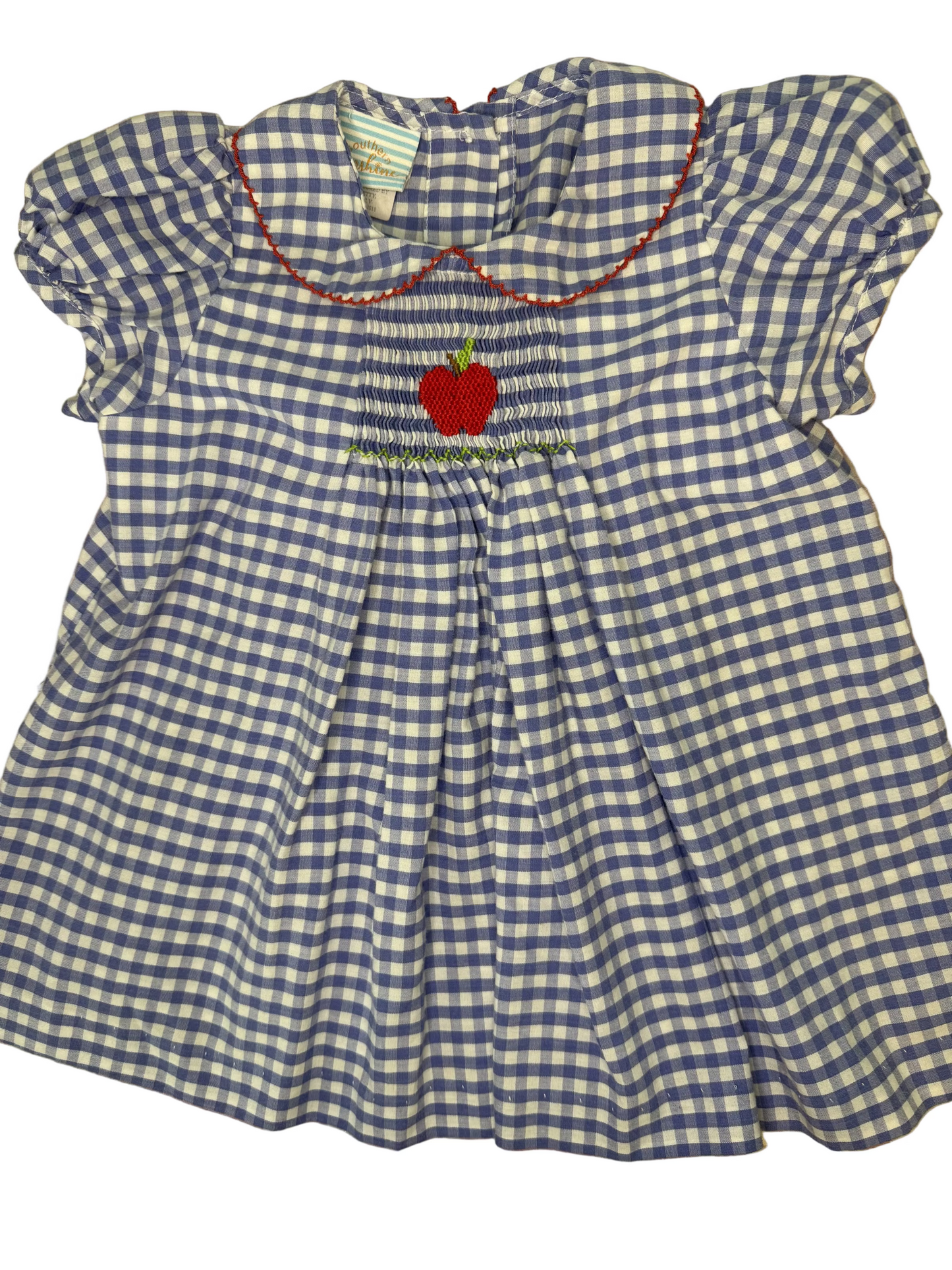 Blue gingham girls dress with puff sleeves and red apple smocking on the chest