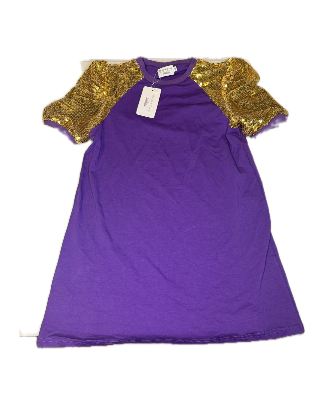 Purple girls dress with gold sequin puff sleeves, classic children's clothing flat lay