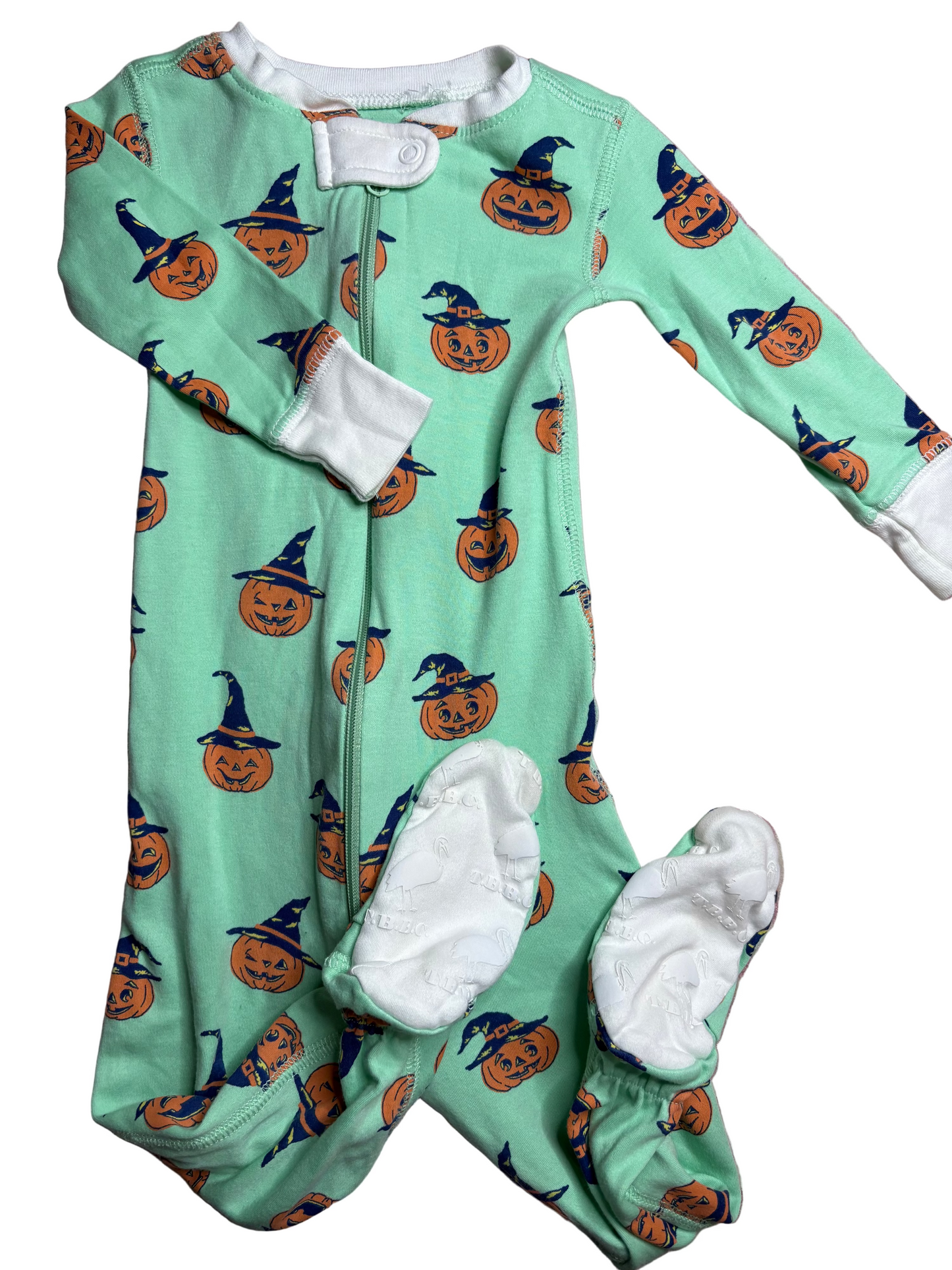 Mint green footed baby romper with Jack-O'-Lantern and witch hat Halloween print