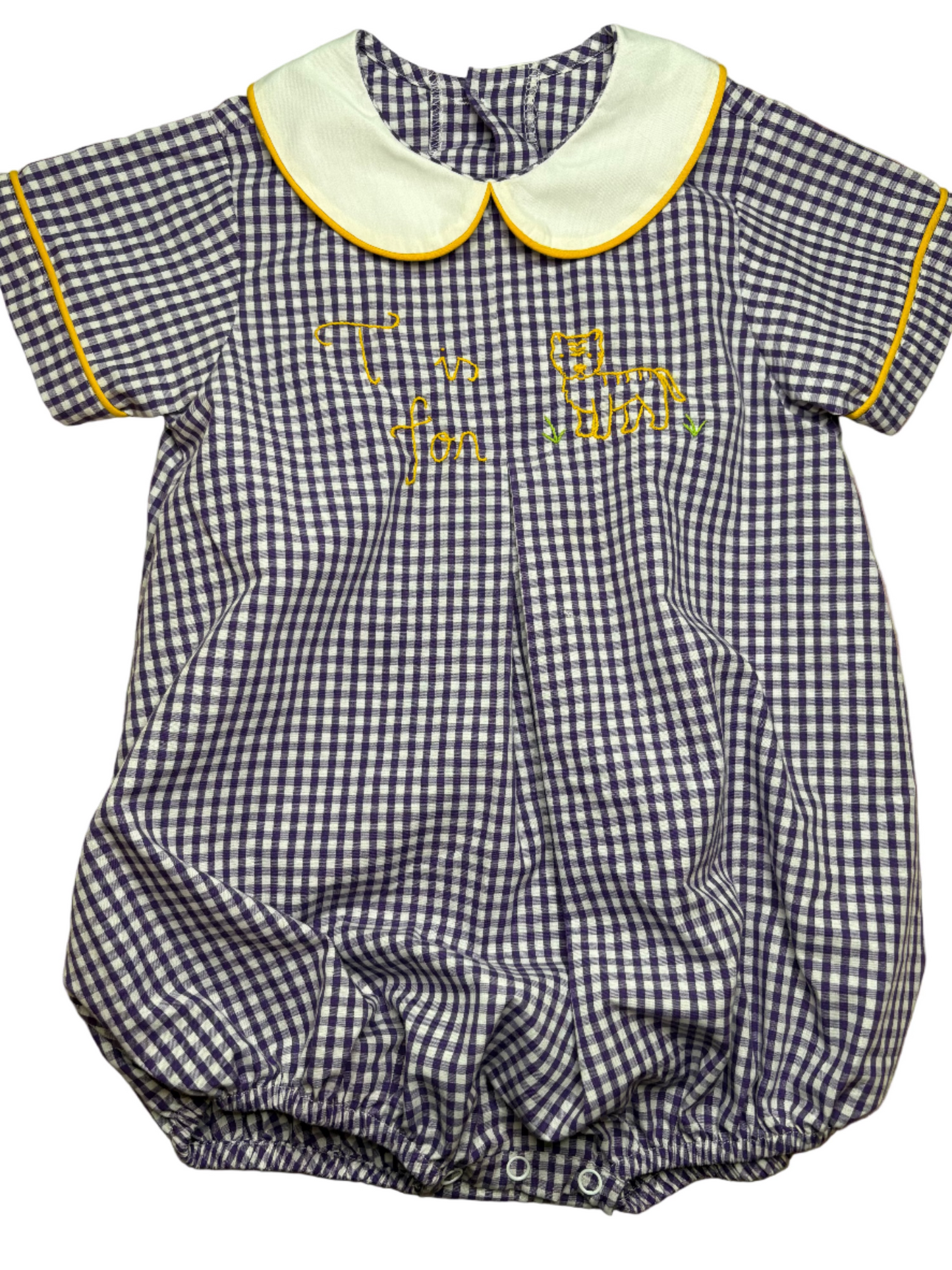 Purple gingham baby romper with white collar, yellow piping, and cat embroidery