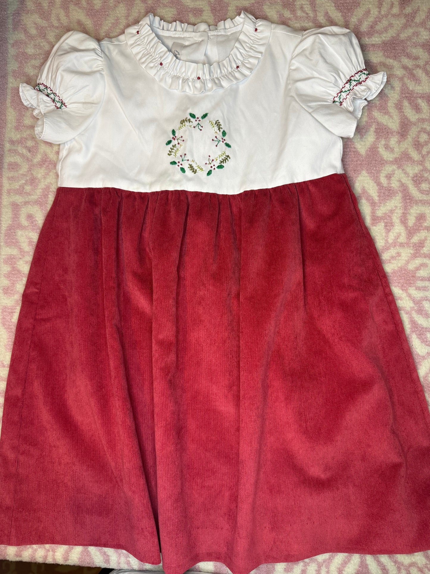6Y Bell Bird Christmas Wreath Cord Dress