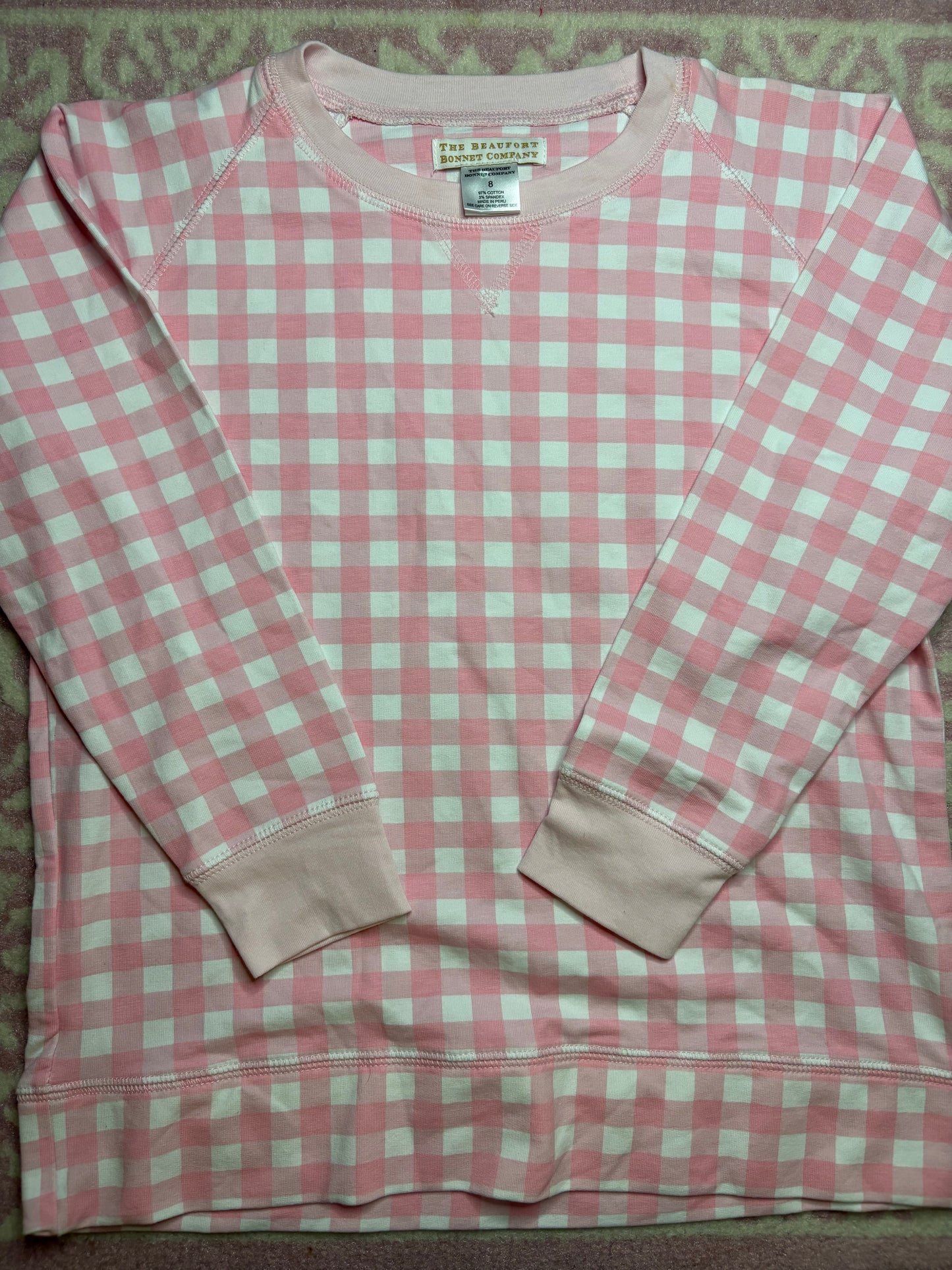 8 TBBC Cassidy Comfy Crewneck in Palm Beach Pink Gingham with Palm Beach Pink