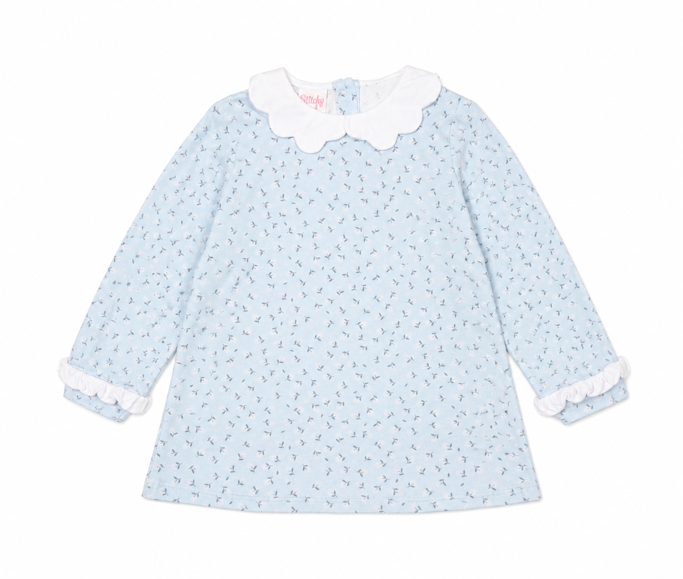 8 Stitchy Fish LS Scallop Baby Blue Flower Bouquet Tunic