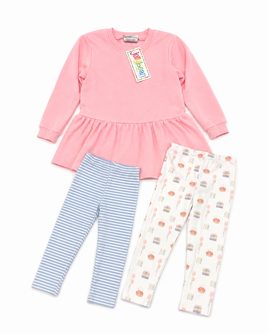 8 Jellybean + Striped & Birthday Leggings Sweatshirt Ruffle Dress Set Bundle