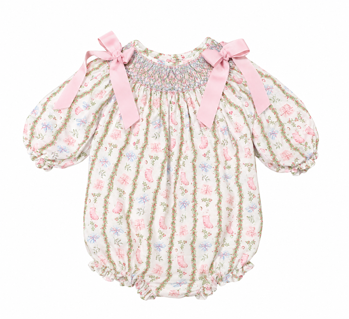 6M Cecil & Lou Watercolor Pink Christmas LS Smocked Bow Bubble