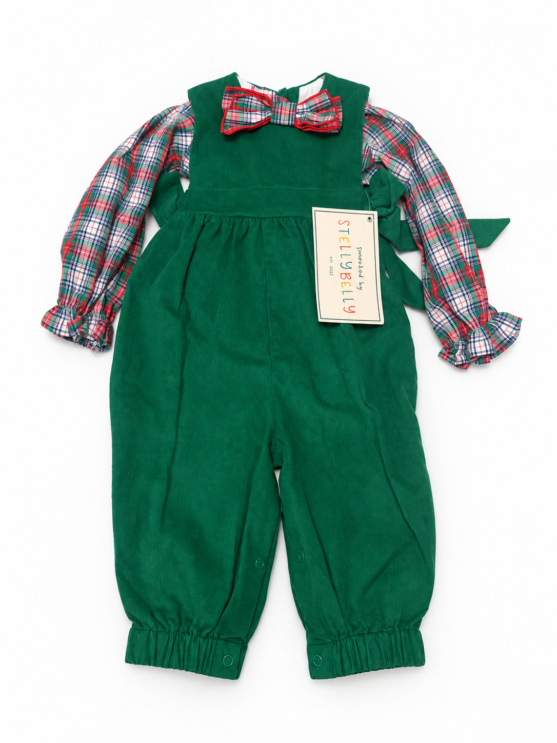 6/12M Stellybelly Green Bow Cord Longall + TBBC Prestonwood Plaid Bow Bubble Set