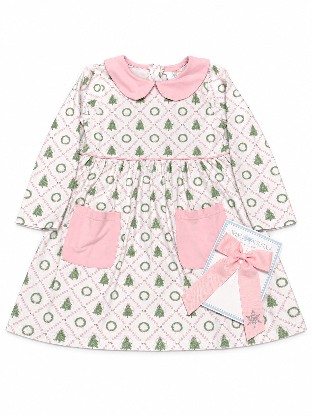 5 Stitchy Fish Pink Christmas Tree Bow Dress + Winn Willow Pink Snowflake Bow Set
