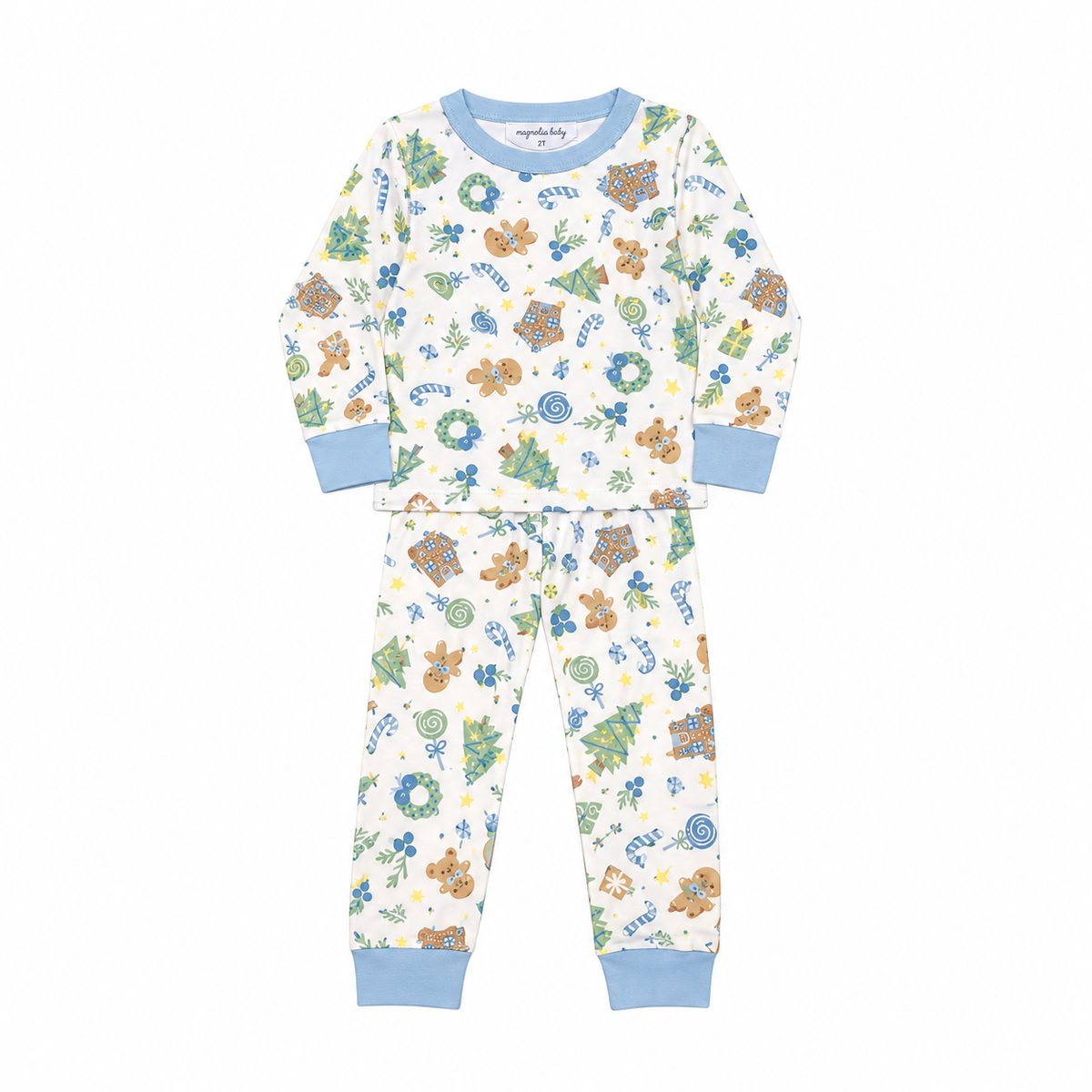 3T Magnolia Baby Blue Gingerbread Christmas Pajama Set