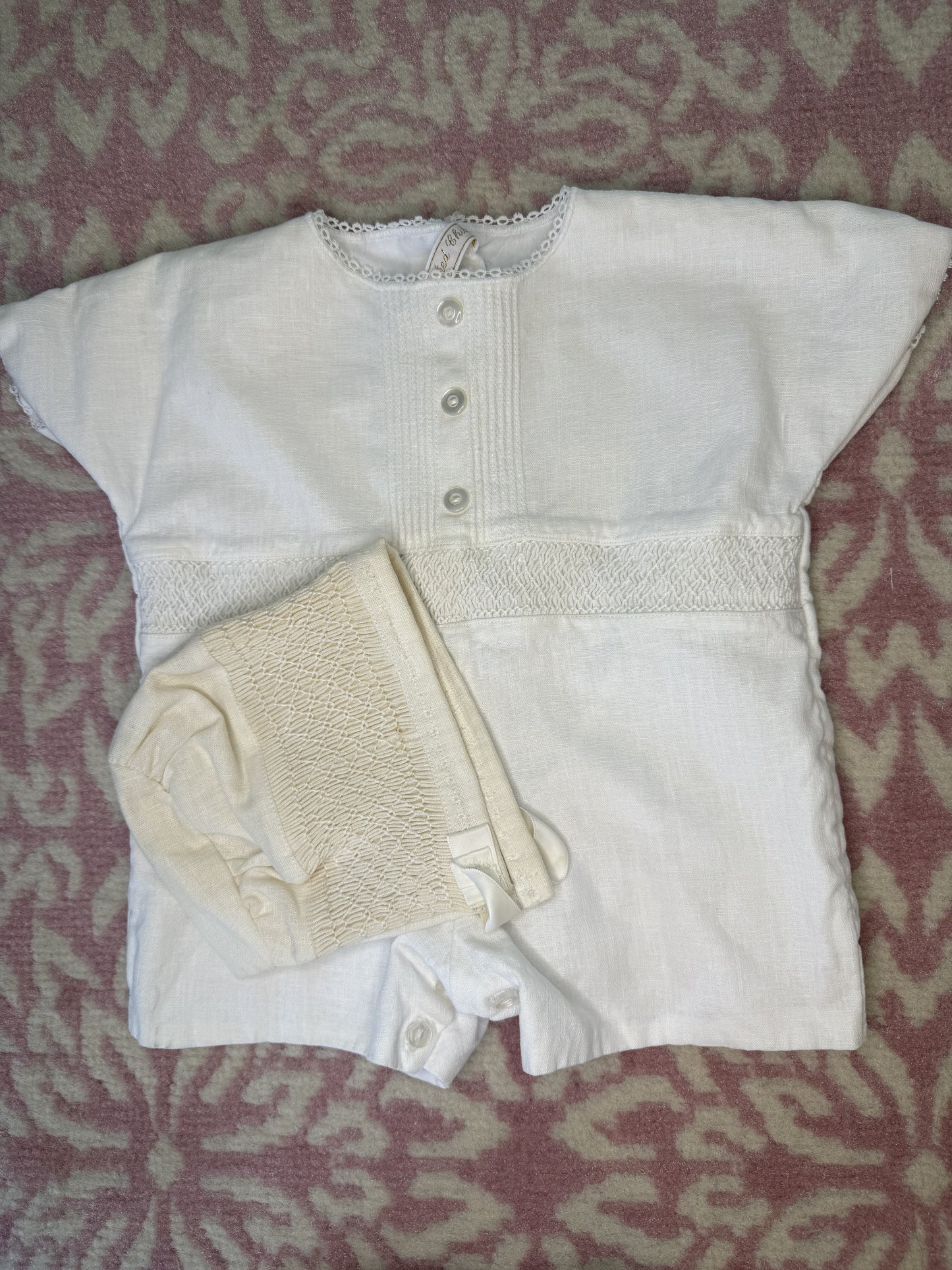 3M Cherished Child Smocked Linen Romper + Bonnet