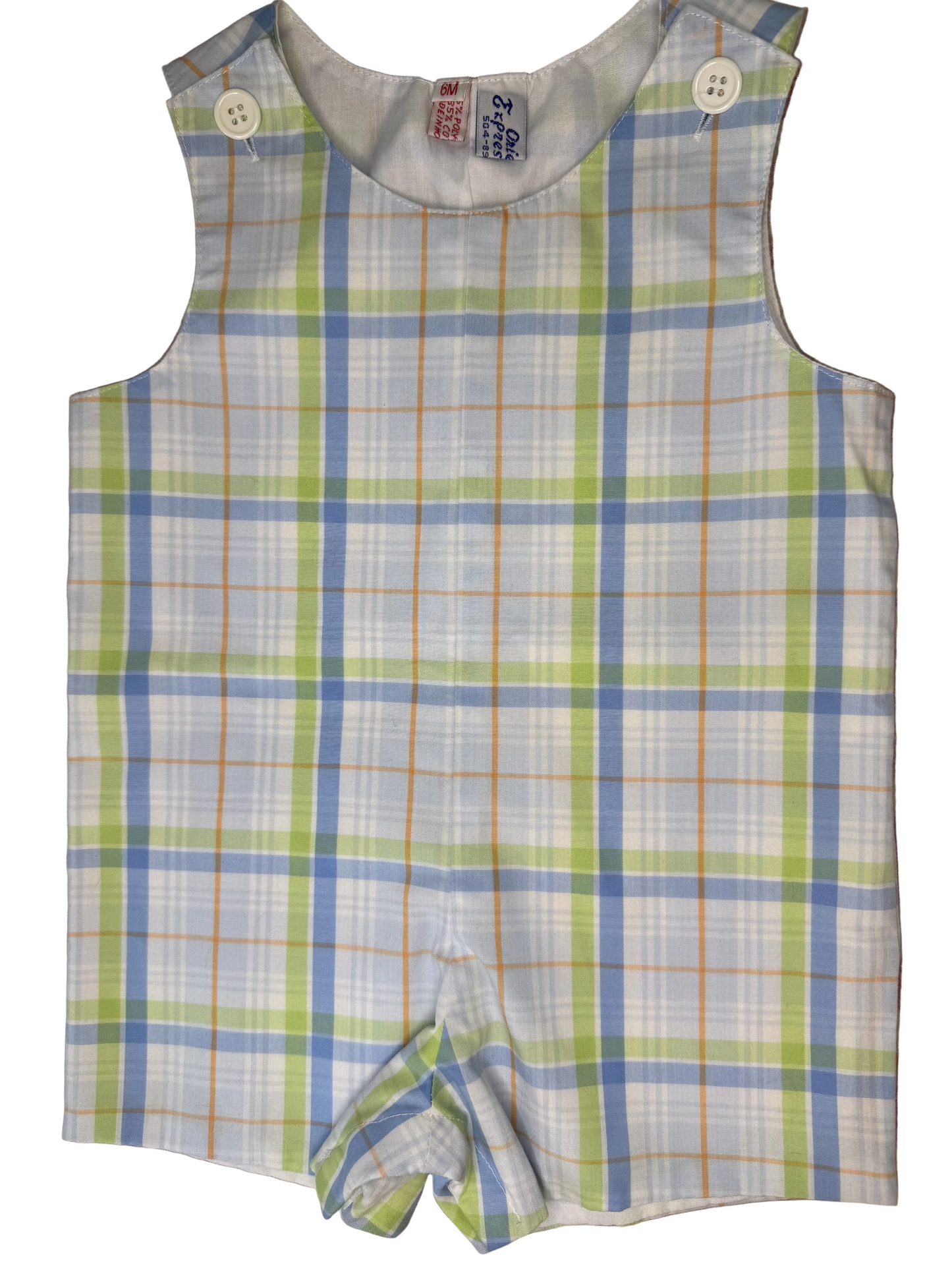 Sleeveless baby romper with blue, green, and orange plaid pattern and button shoulders