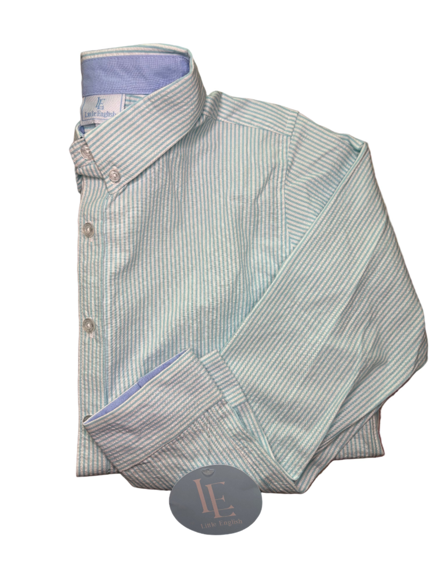 12 Little English light teal Seersucker Stripes LS Dress Shirt