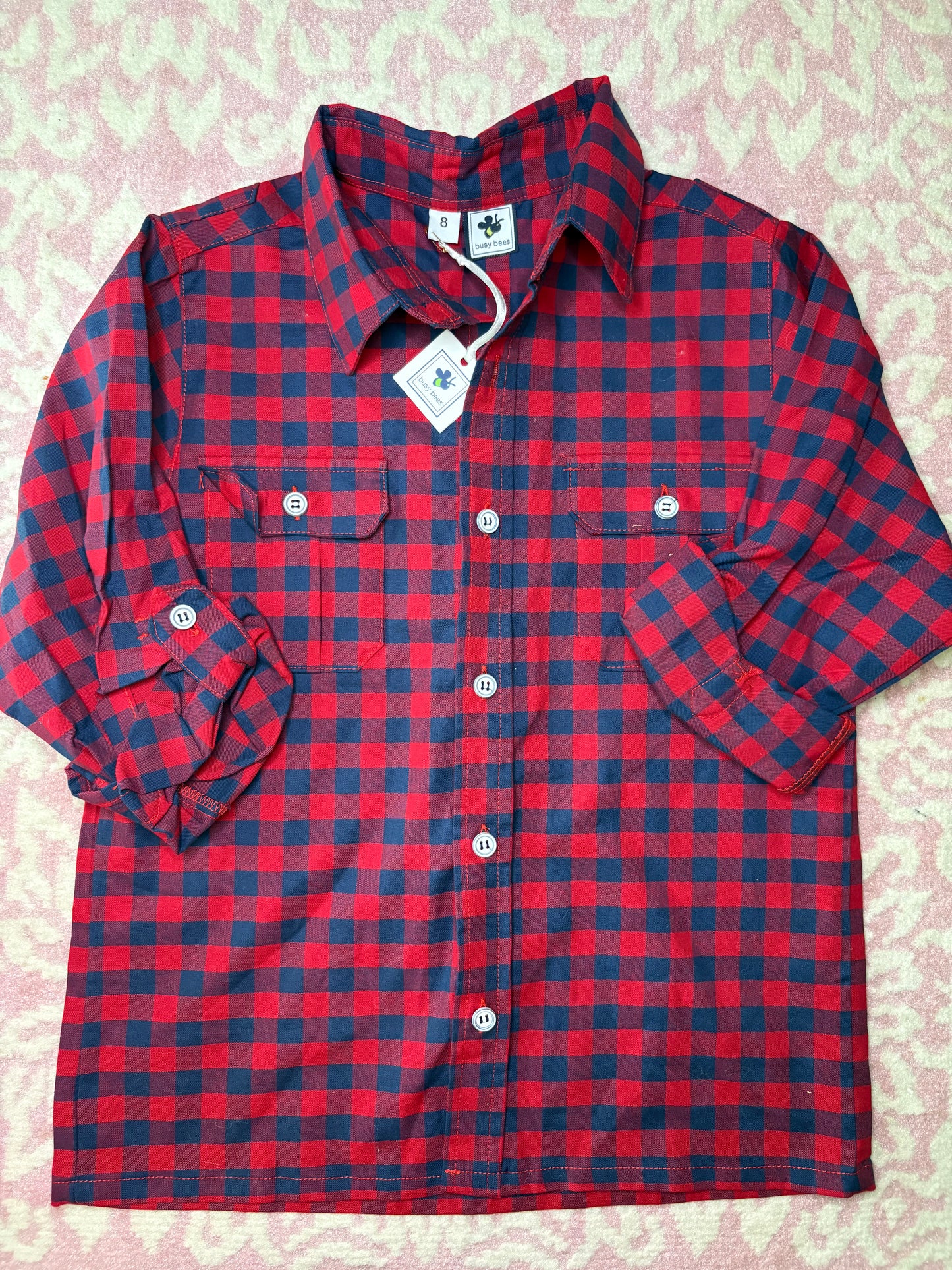 8 Busy Bees Red and Navy Button Down Shirt