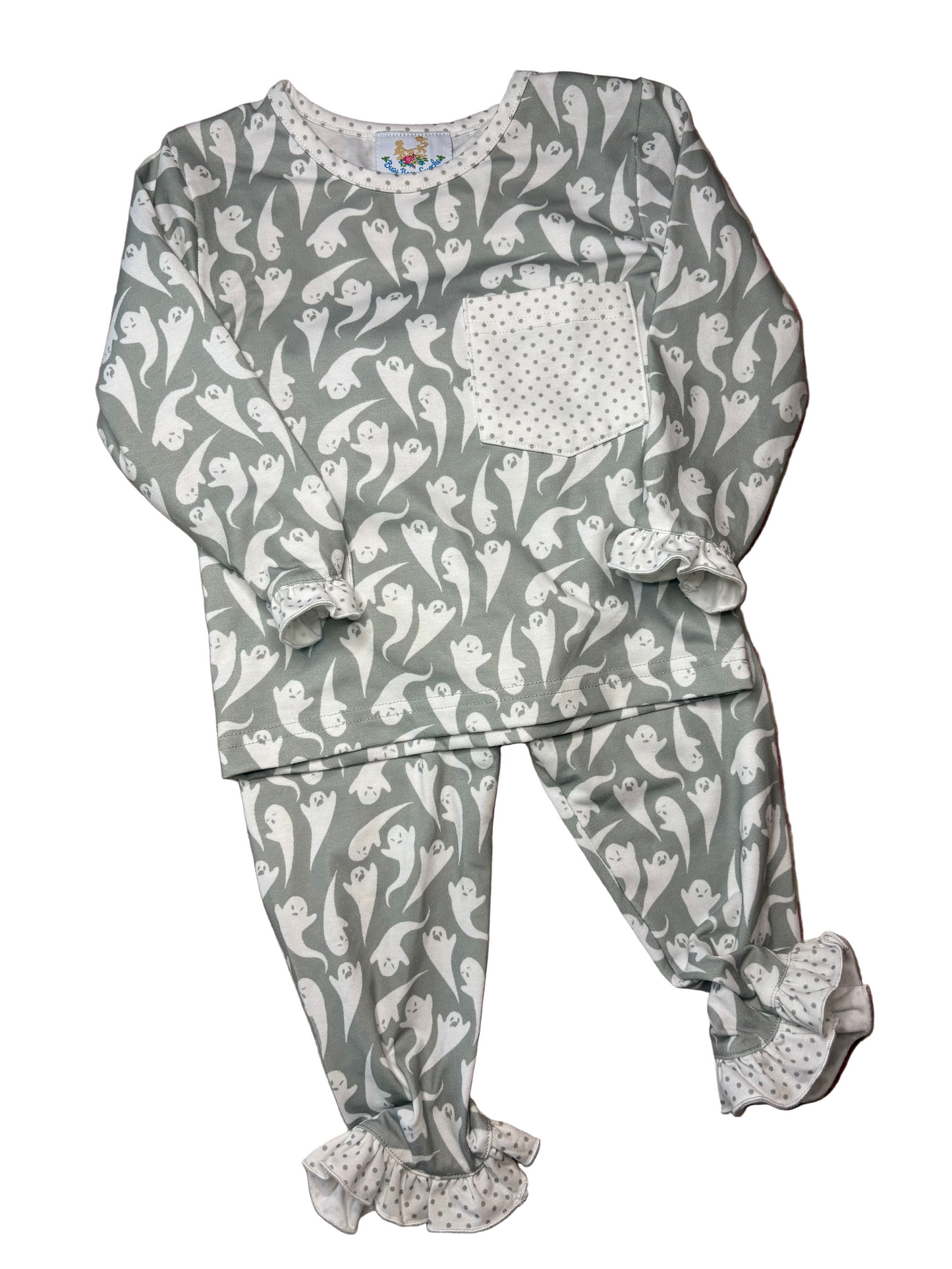 Children’s grey ghost print pajama set with polka dot pocket and ruffle cuffs