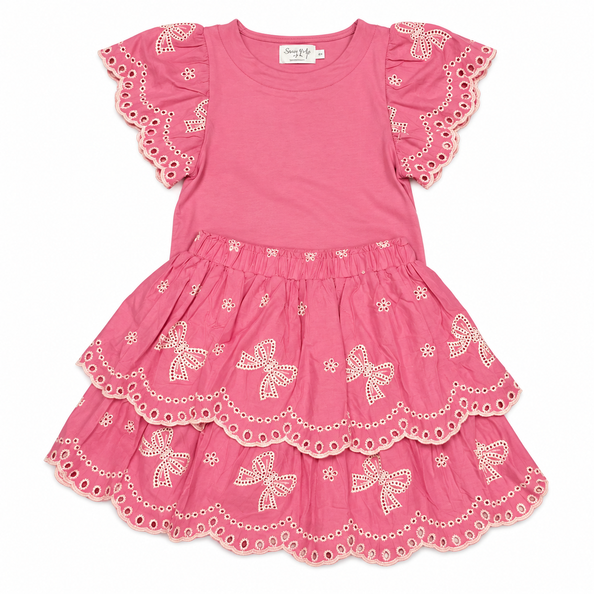 6/7 Shop The Mint Girls Pink Eyelet Bow Ruffle Skirt Set