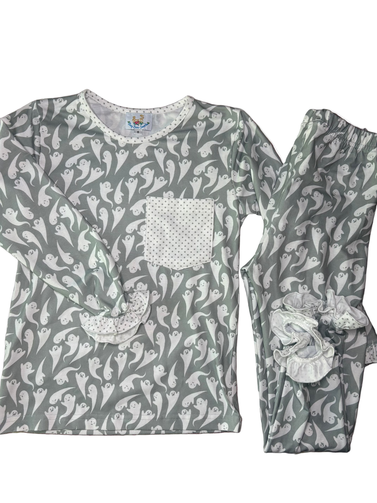 Children's ghost print pajama set with matching scrunchie and polka dot pocket