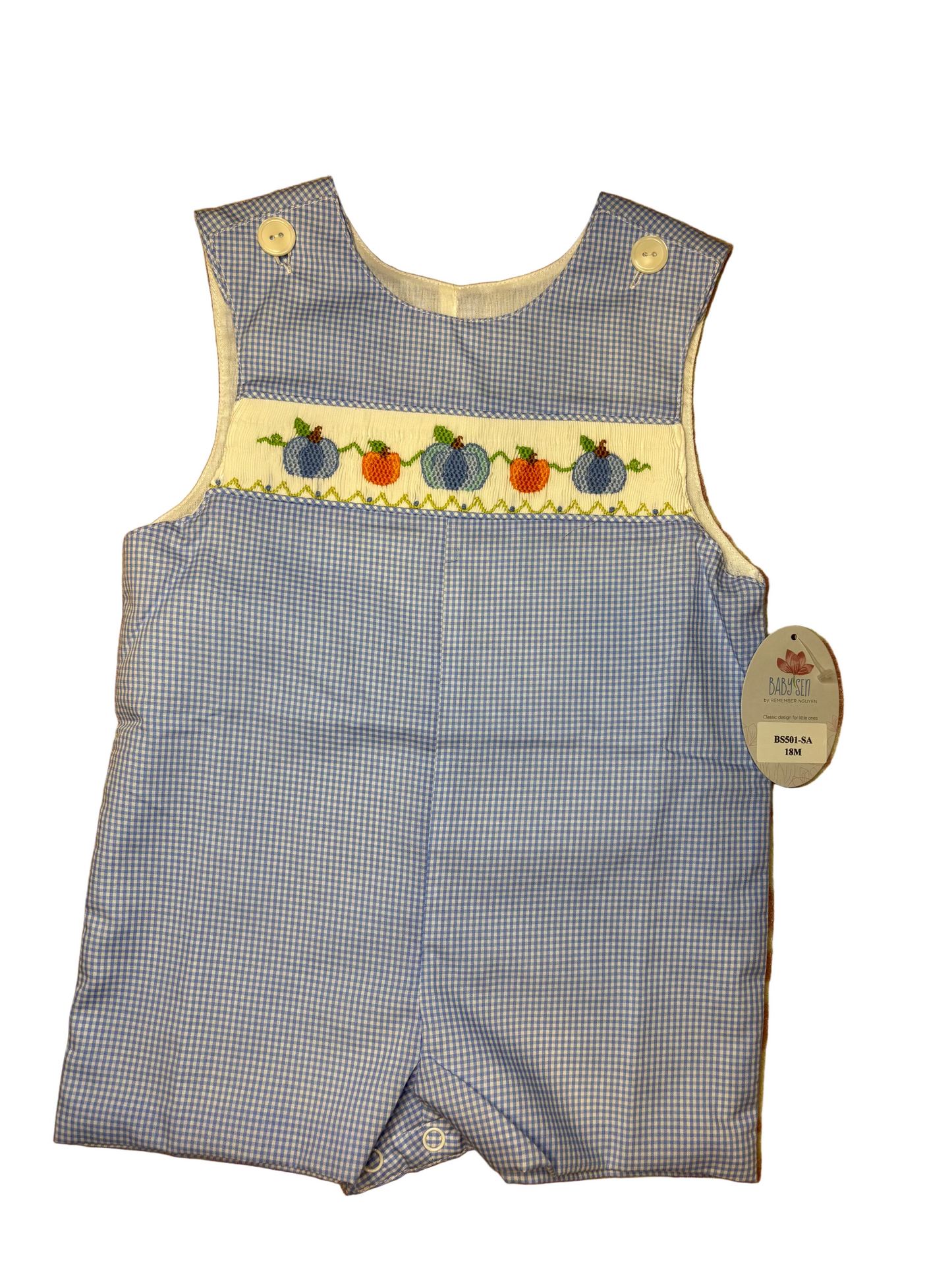 Blue gingham baby romper with pumpkin applique, sleeveless, and snap buttons for easy changing.